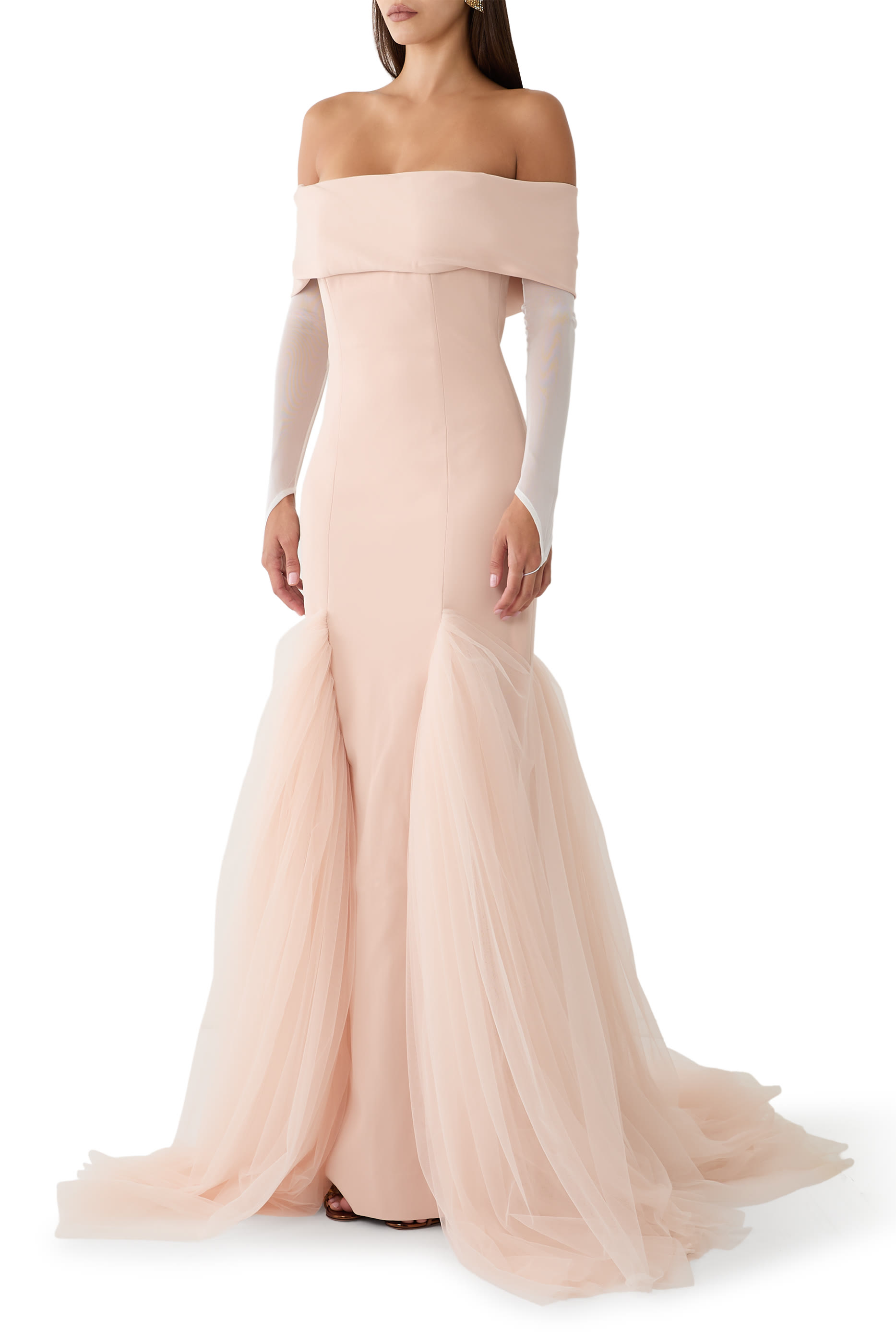 Off-Shoulder Crepe Gown with Tulle Trumpet Skirt