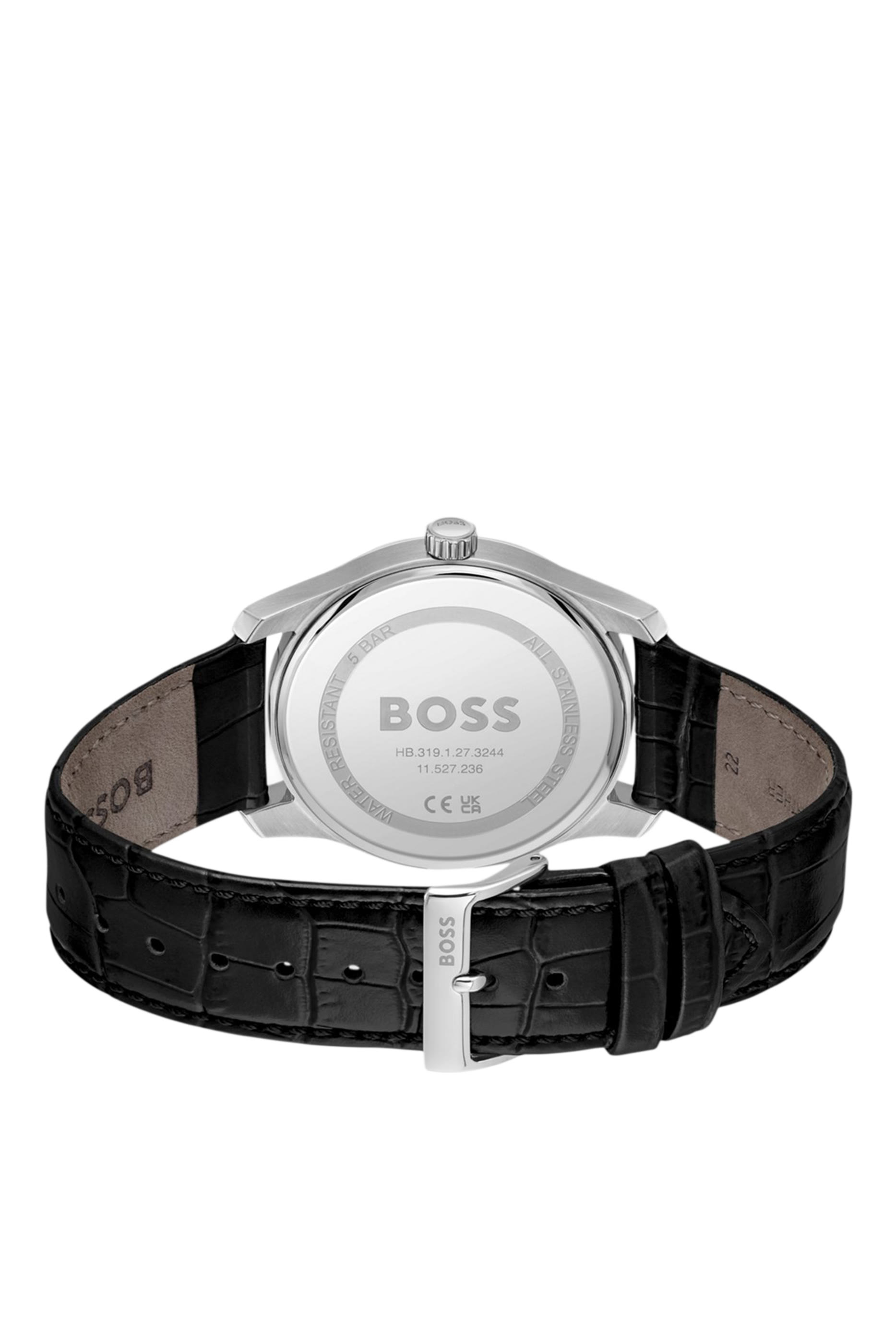Black-Textured-Dial Watch with Leather Strap