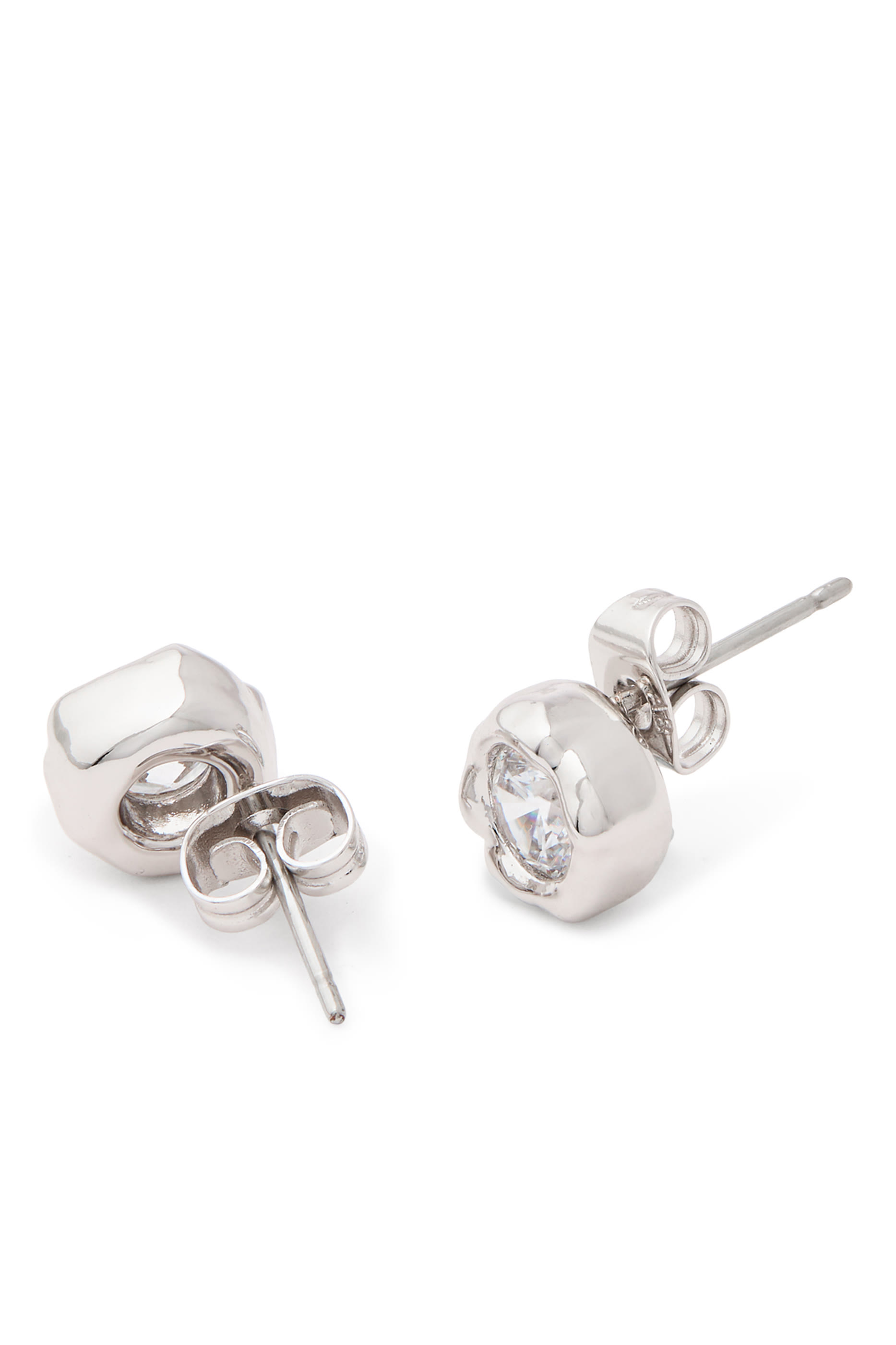 Asterales Molten Bezel Stud Earrings, Rhodium Tone Plated Brass Metalwork with Cubic Zirconia
