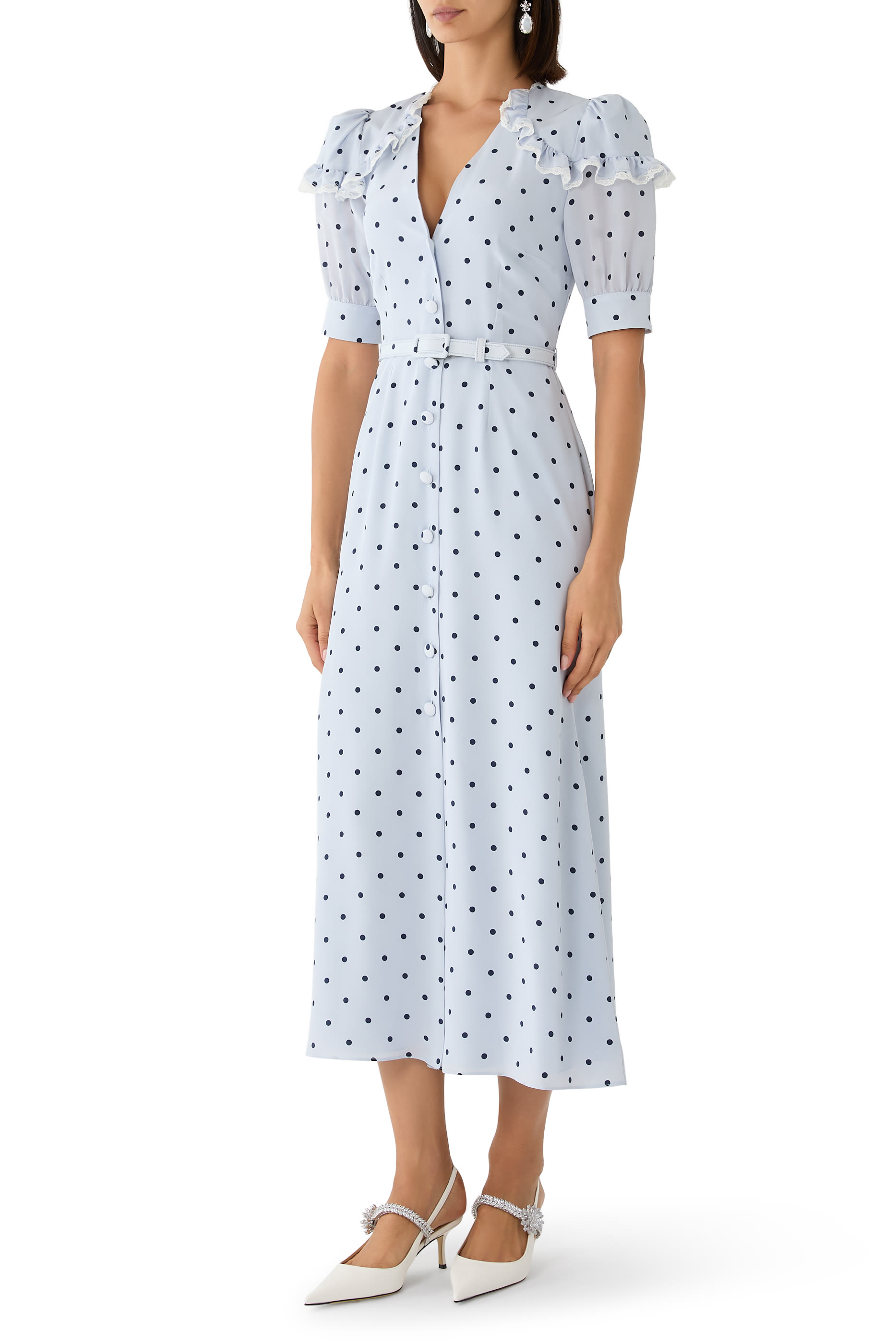 Polka-Dot Silk Midi Dress with V-Neckline
