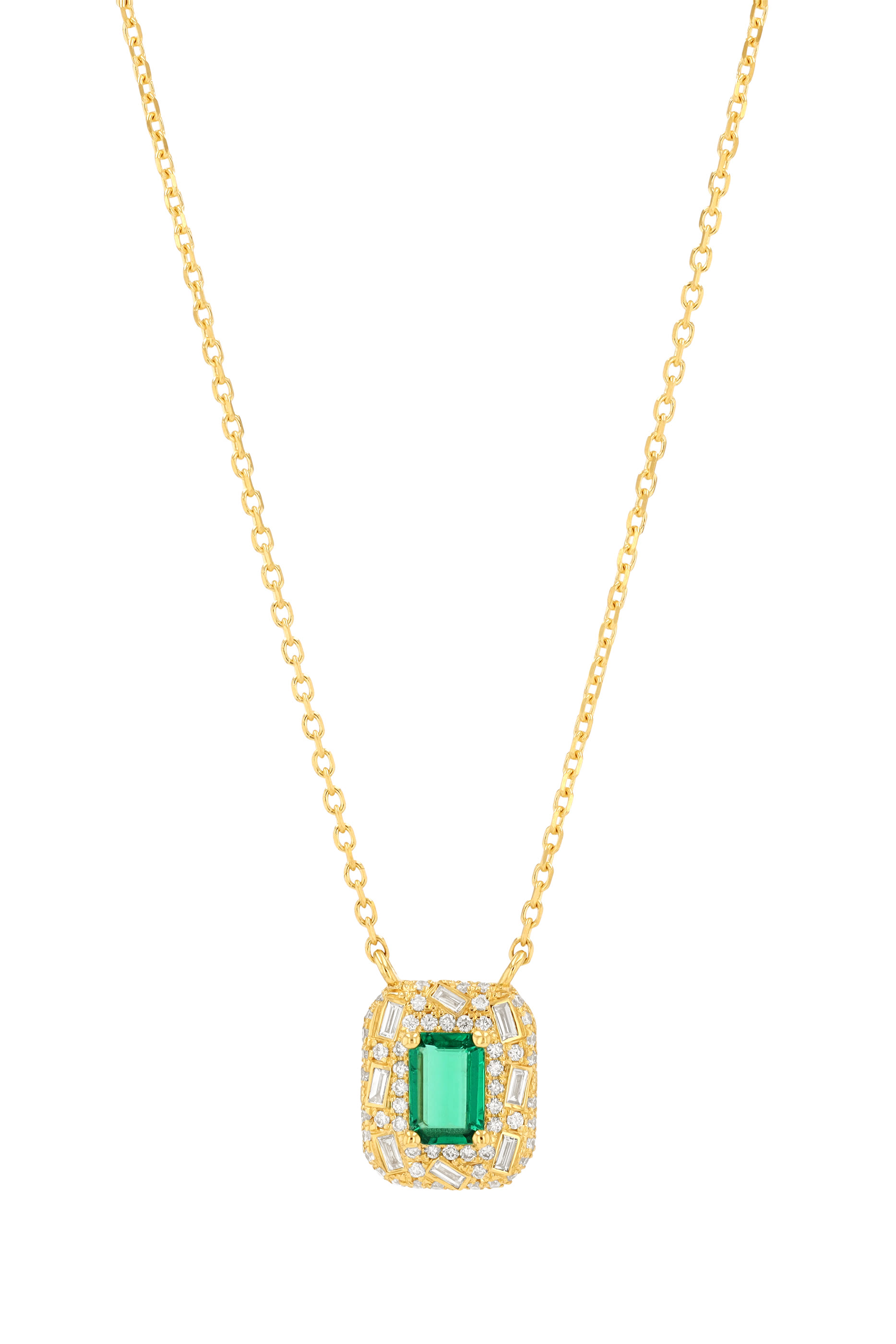  OAK Emerald Cut Halo Portrait Necklace, 18K Yellow Gold with Diamonds & Emerald
