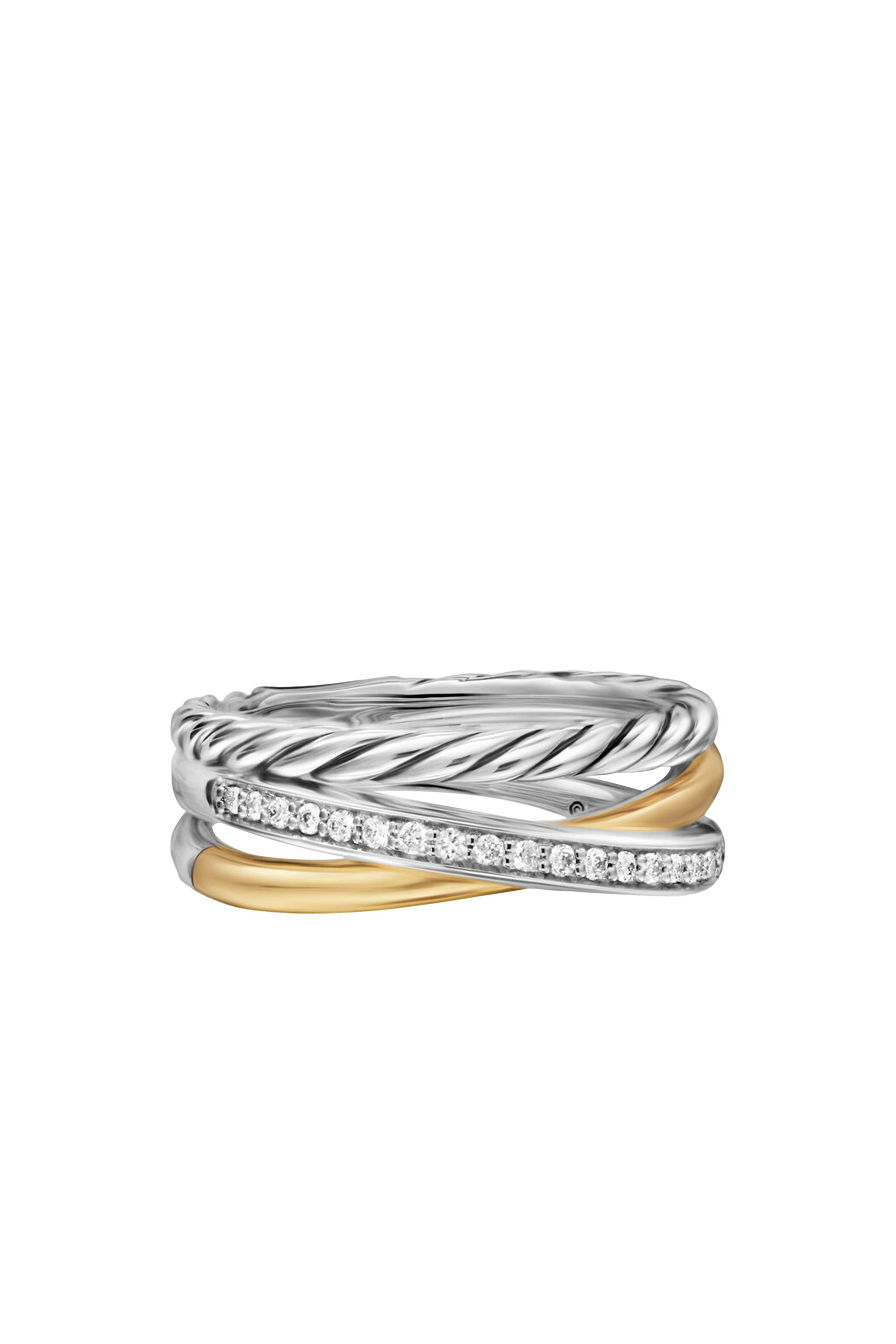 Crossover Three Row Ring, Sterling Silver with 18K Yellow Gold & Diamonds