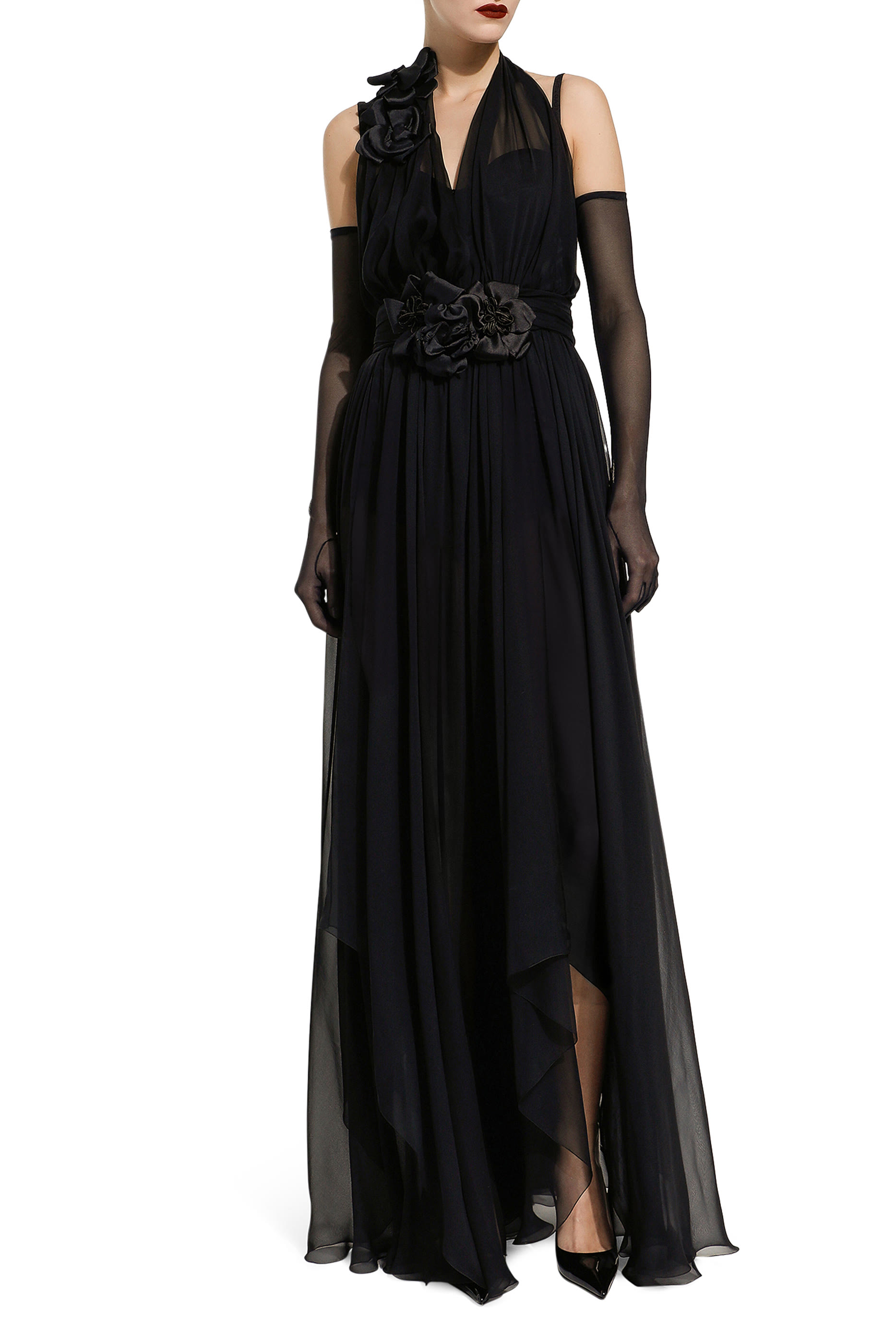 Long Silk Chiffon Dress with Floral Appliqu&eacute; 