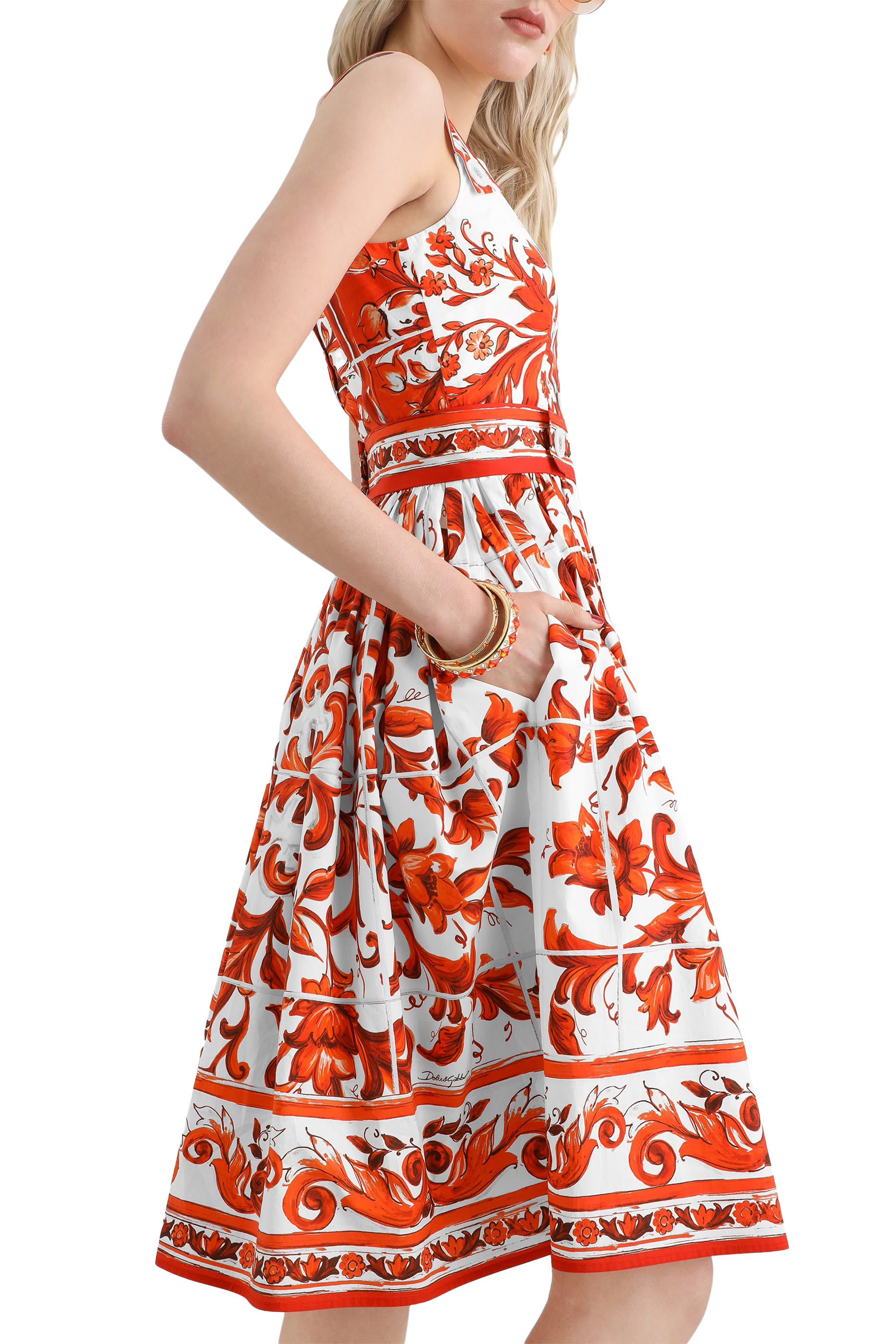 Majolica-Print Long Poplin Dress
