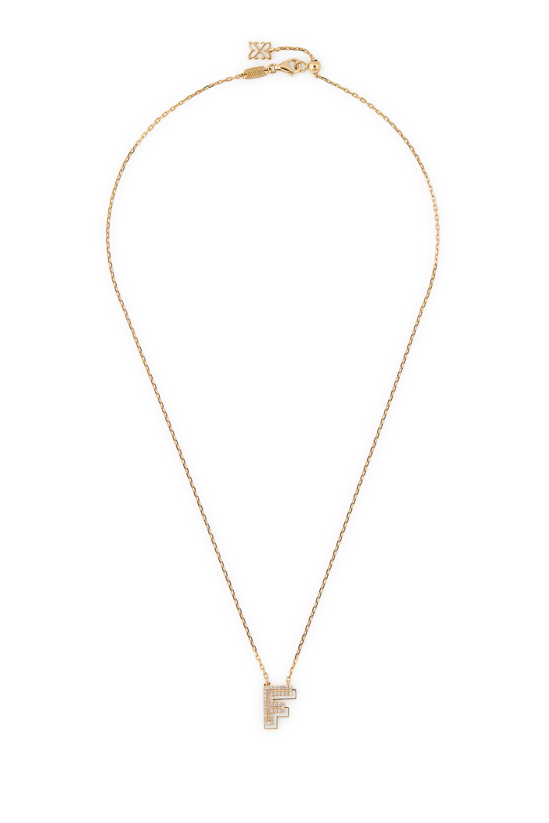 Letter F Silhouette Necklace, 18k Yellow Gold with Diamonds & Enamel