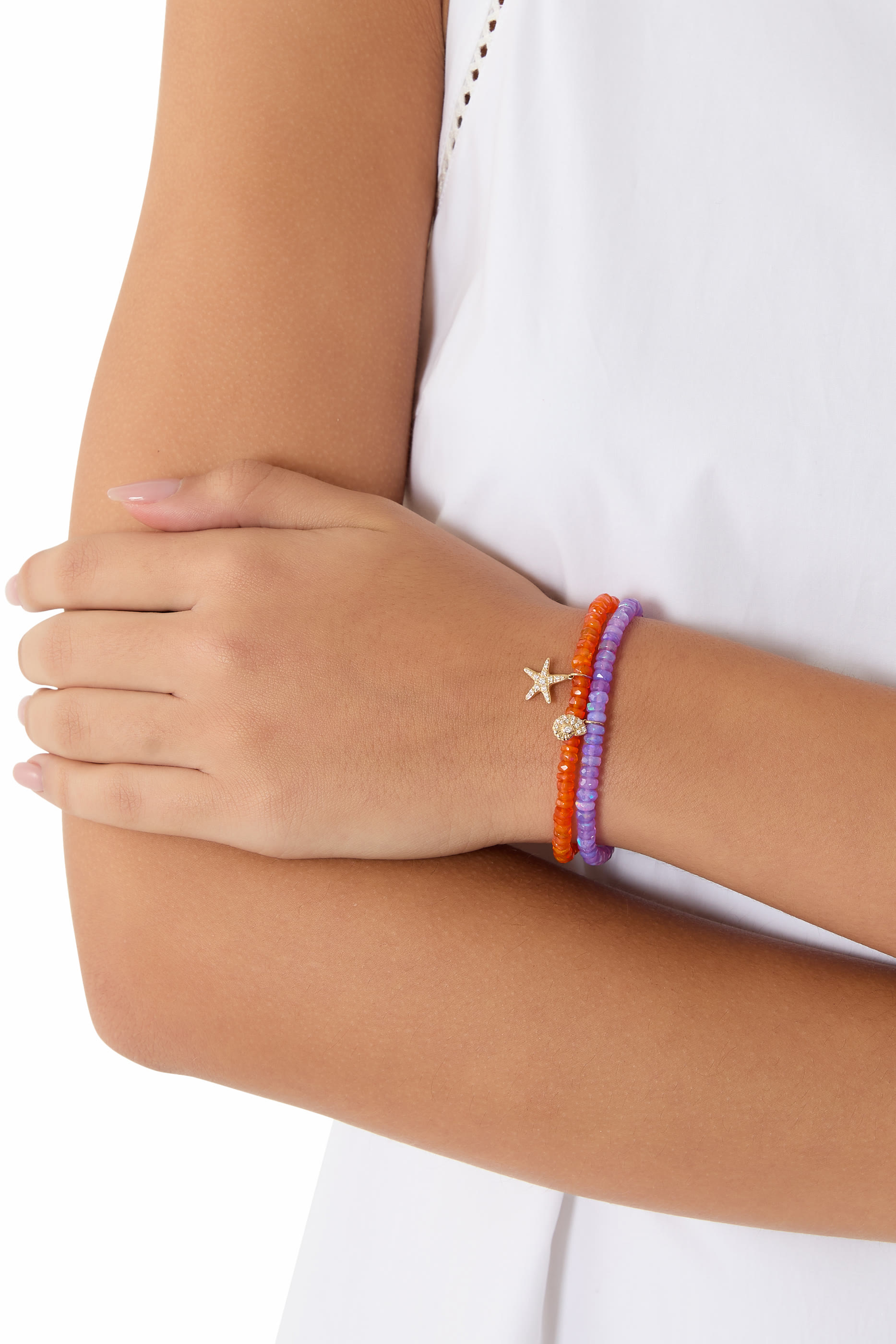 Starfish Charm Beaded Bracelet, 14k Yellow Gold & Diamonds, Ethiopian Opal