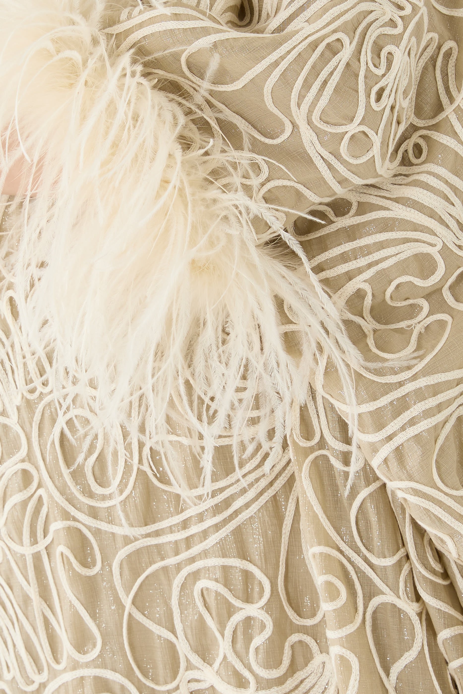 Abstract Embroidery Cocoon Dress with Feathers