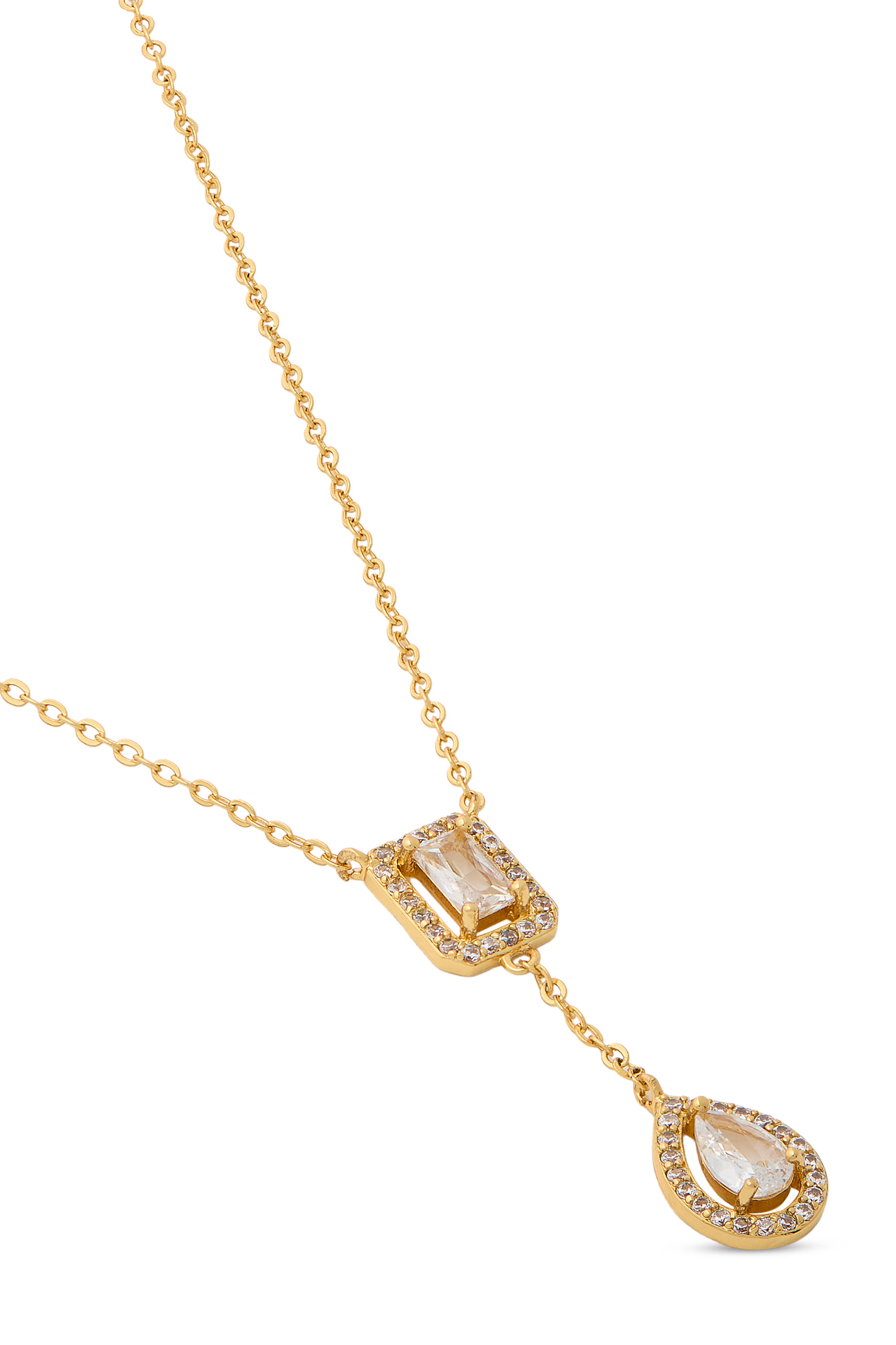 Pear Y Necklace, Rhodium-plated Brass & Emerald, Cubic Zirconia