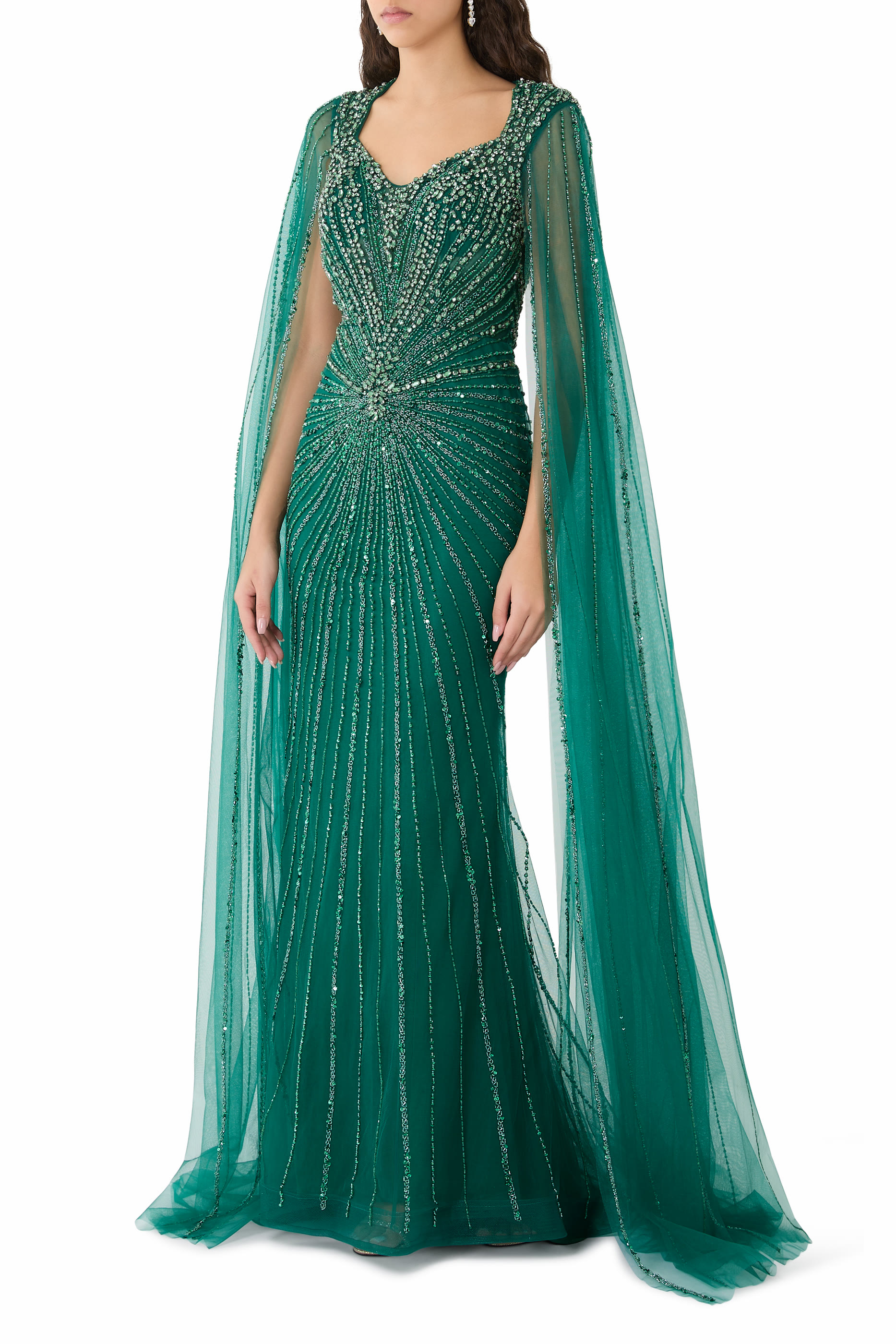 Embellished Cape Sleeve Gown