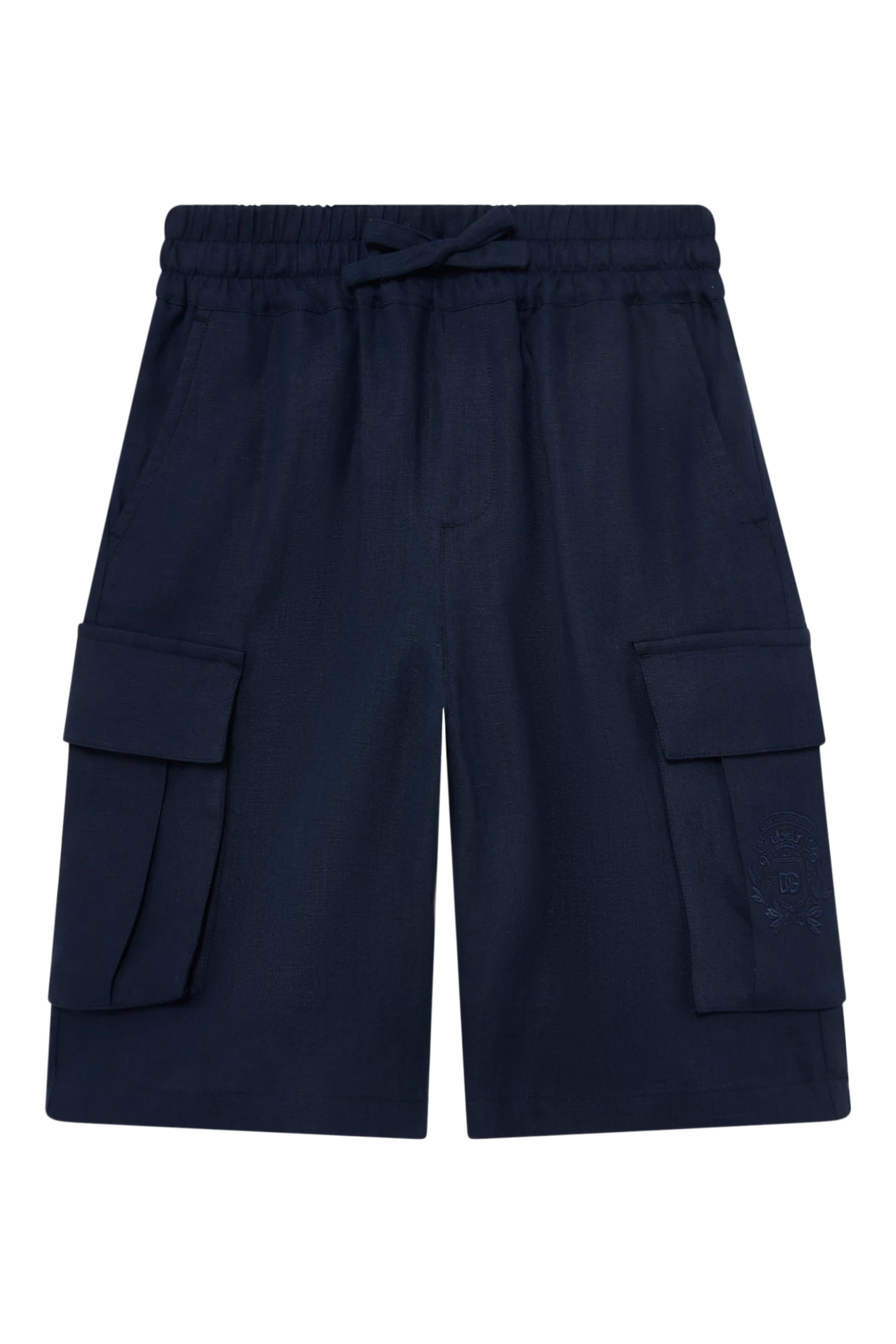 Kids Linen Bermuda Shorts with Crest Embroidery