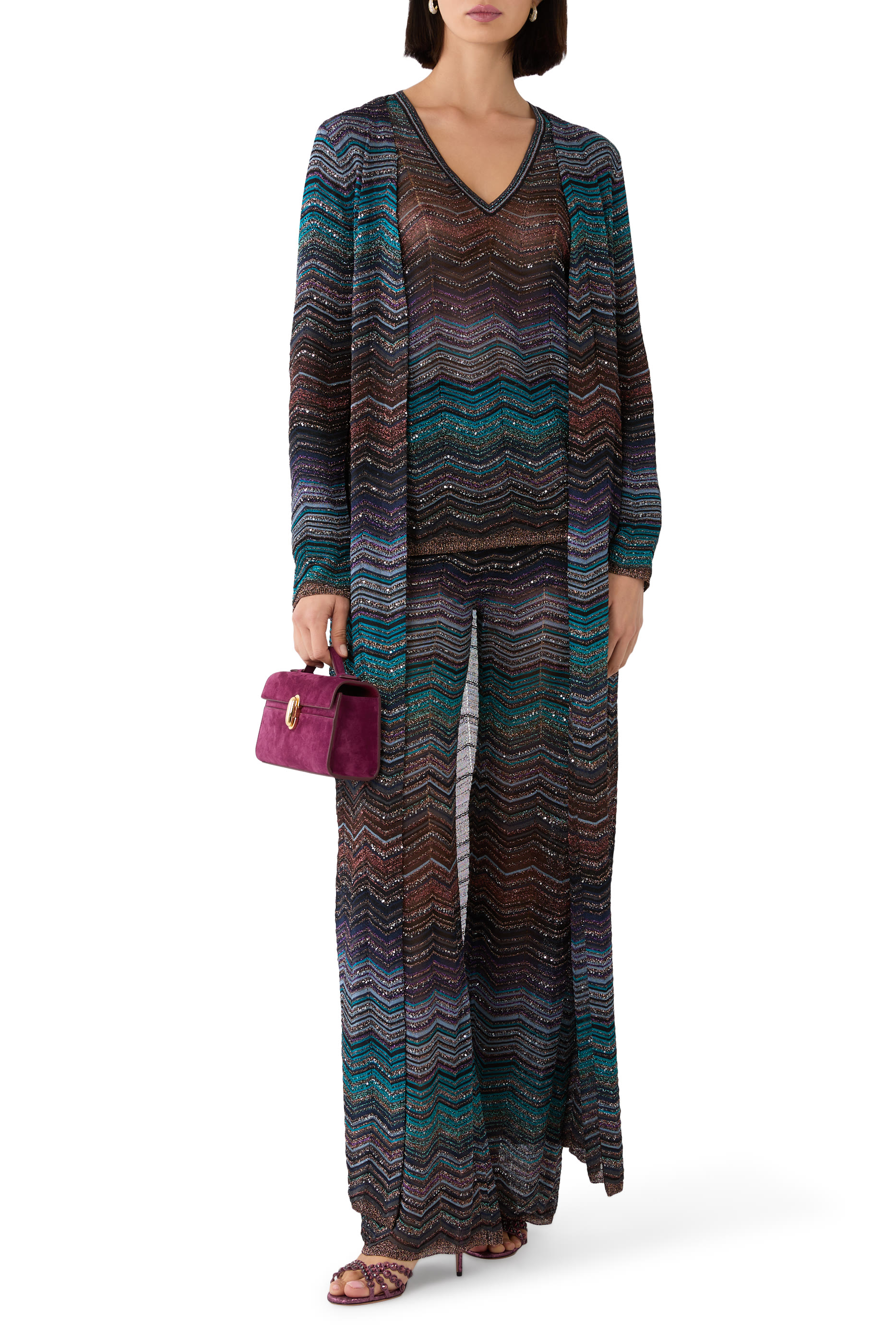 Chevron Pattern Sequin Long Cardigan