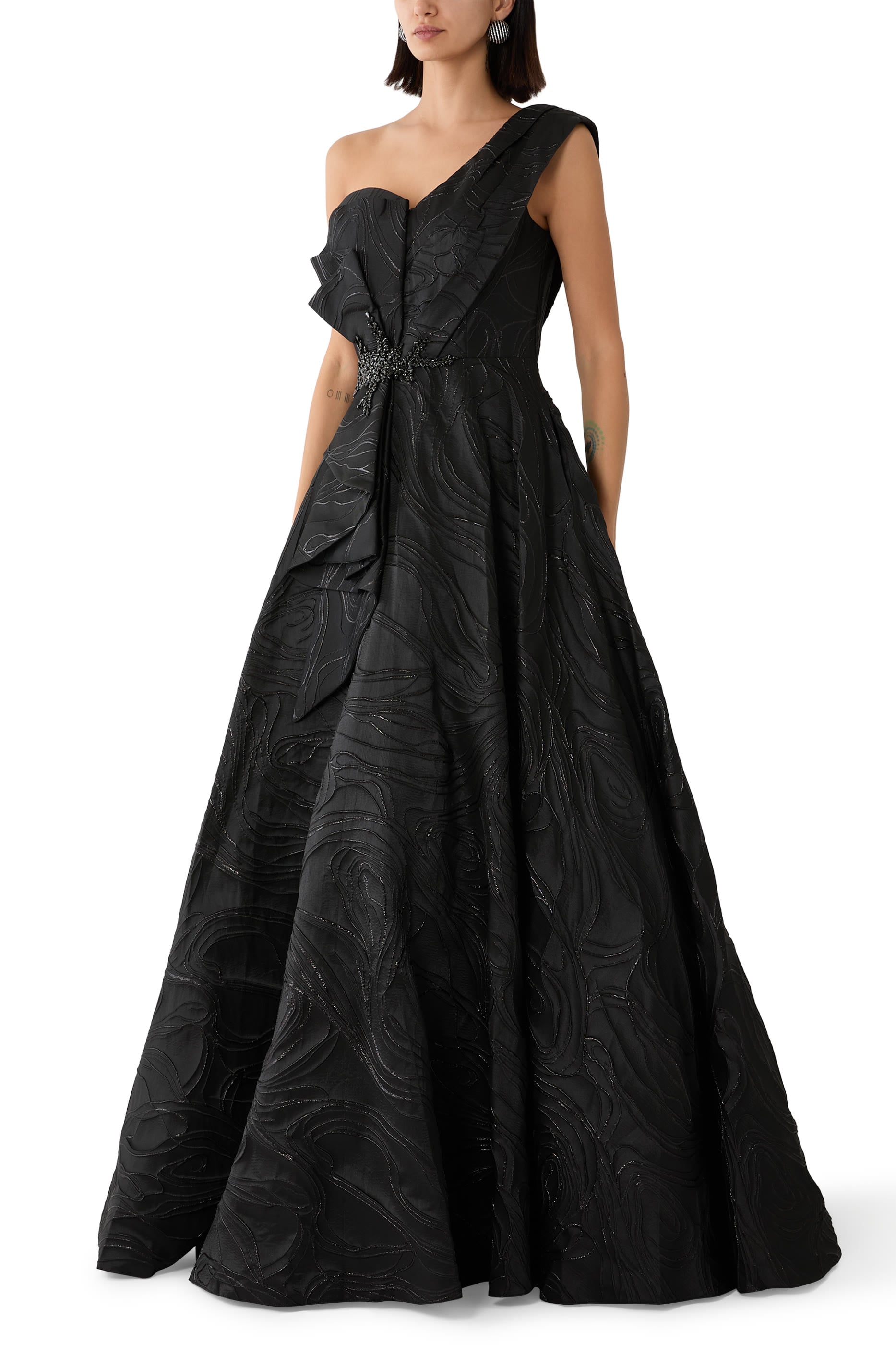 One Shoulder Beaded Waist A Line Gown