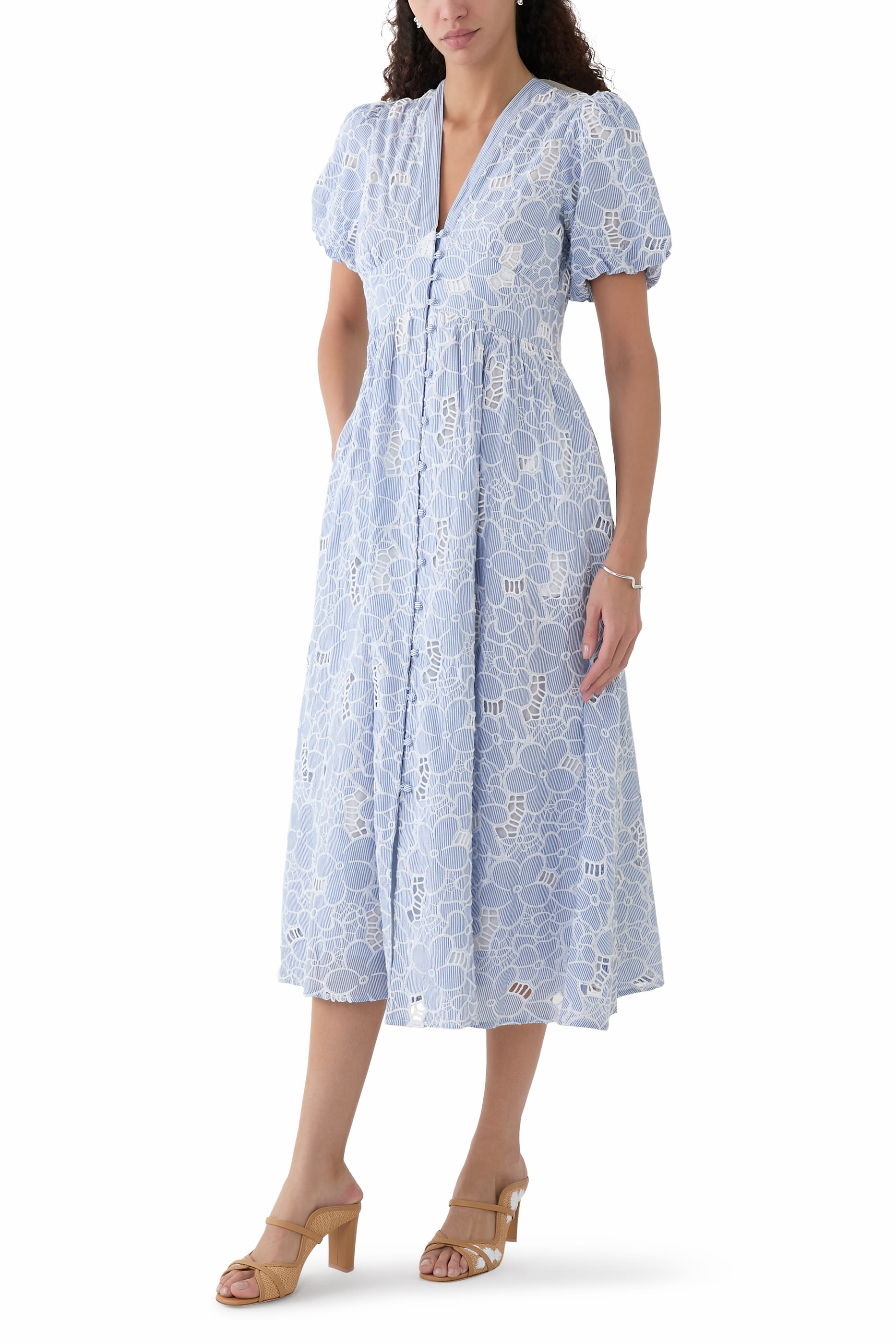 Stripe Floral Embroidered Starlight Midi Dress