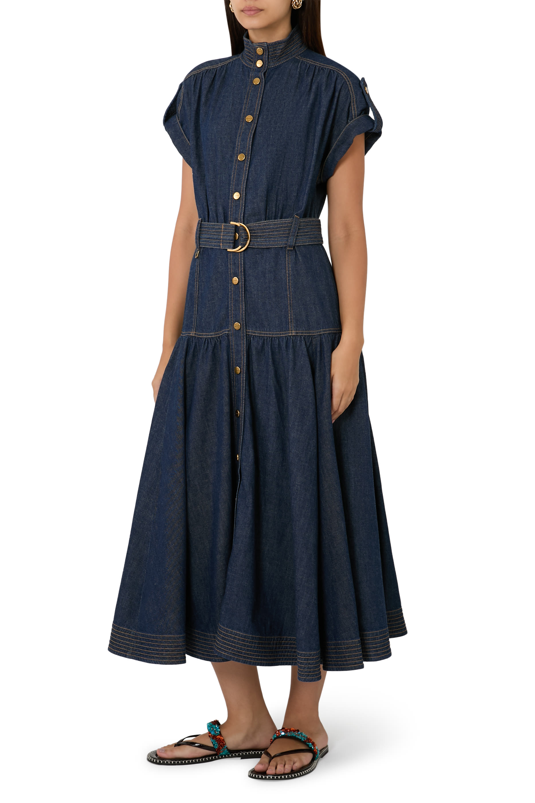 Belted Denim Midi Dress