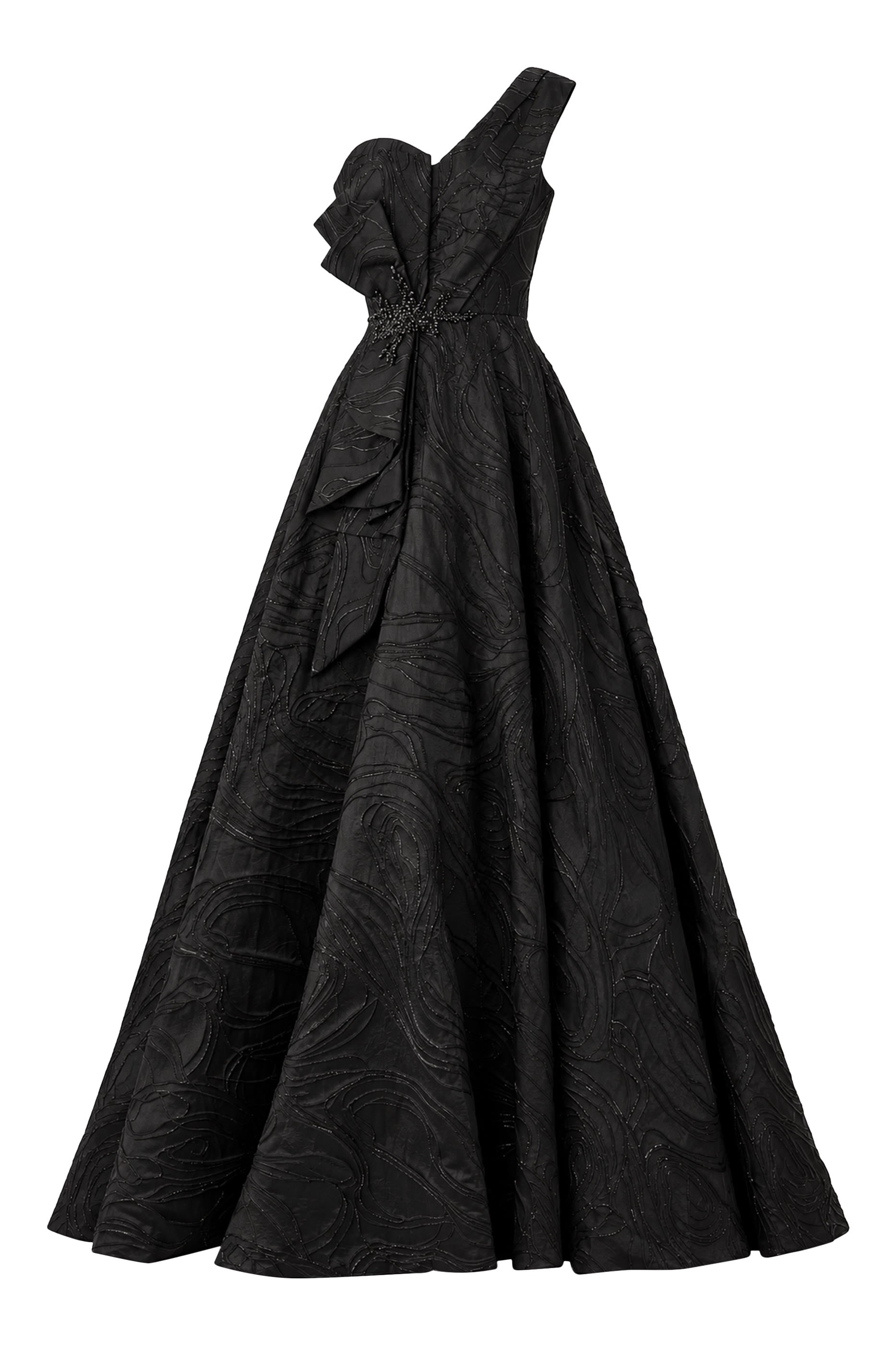 One Shoulder Beaded Waist A Line Gown