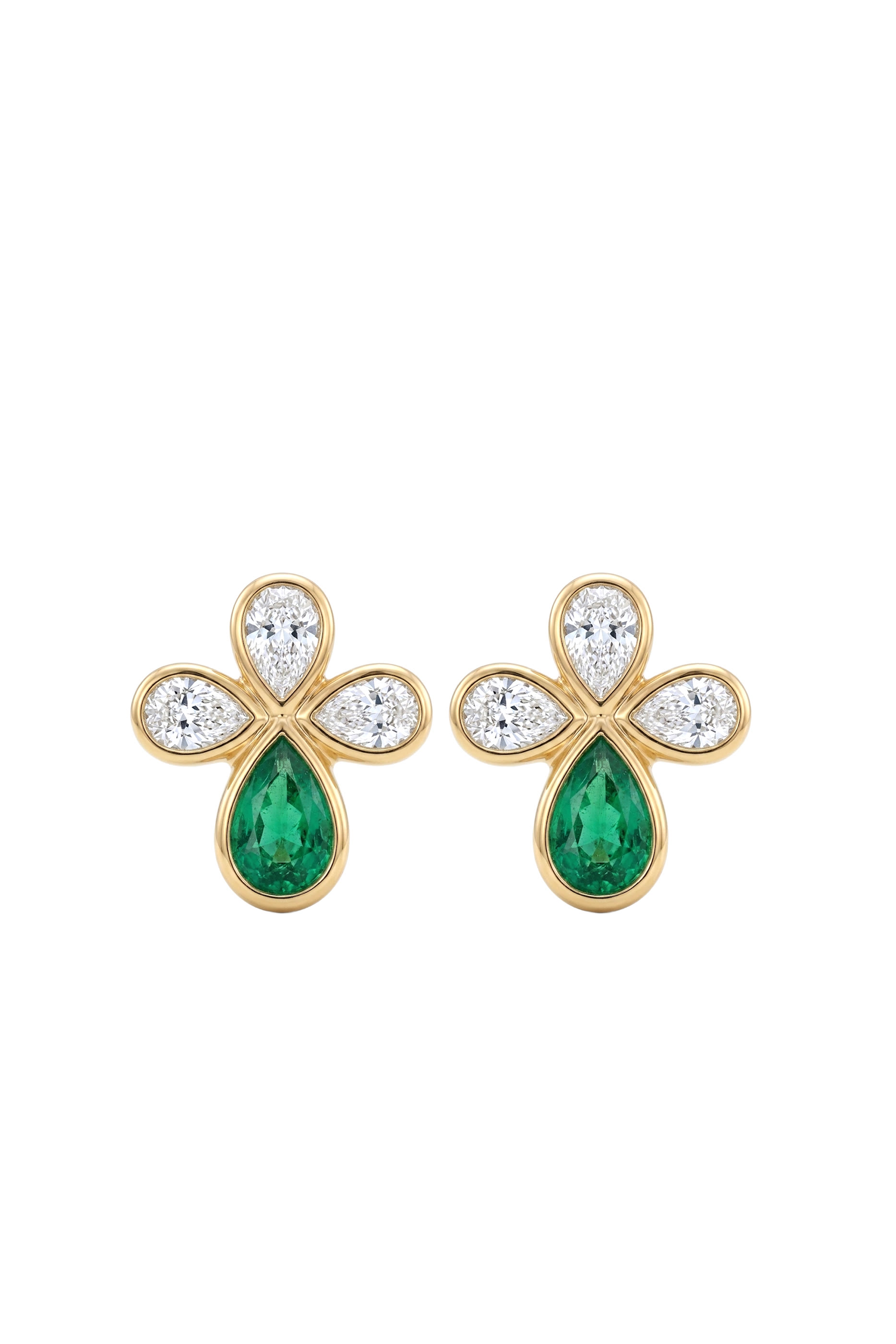 Crown Shield Studs, 18K Yellow Gold with Emerald & Diamonds