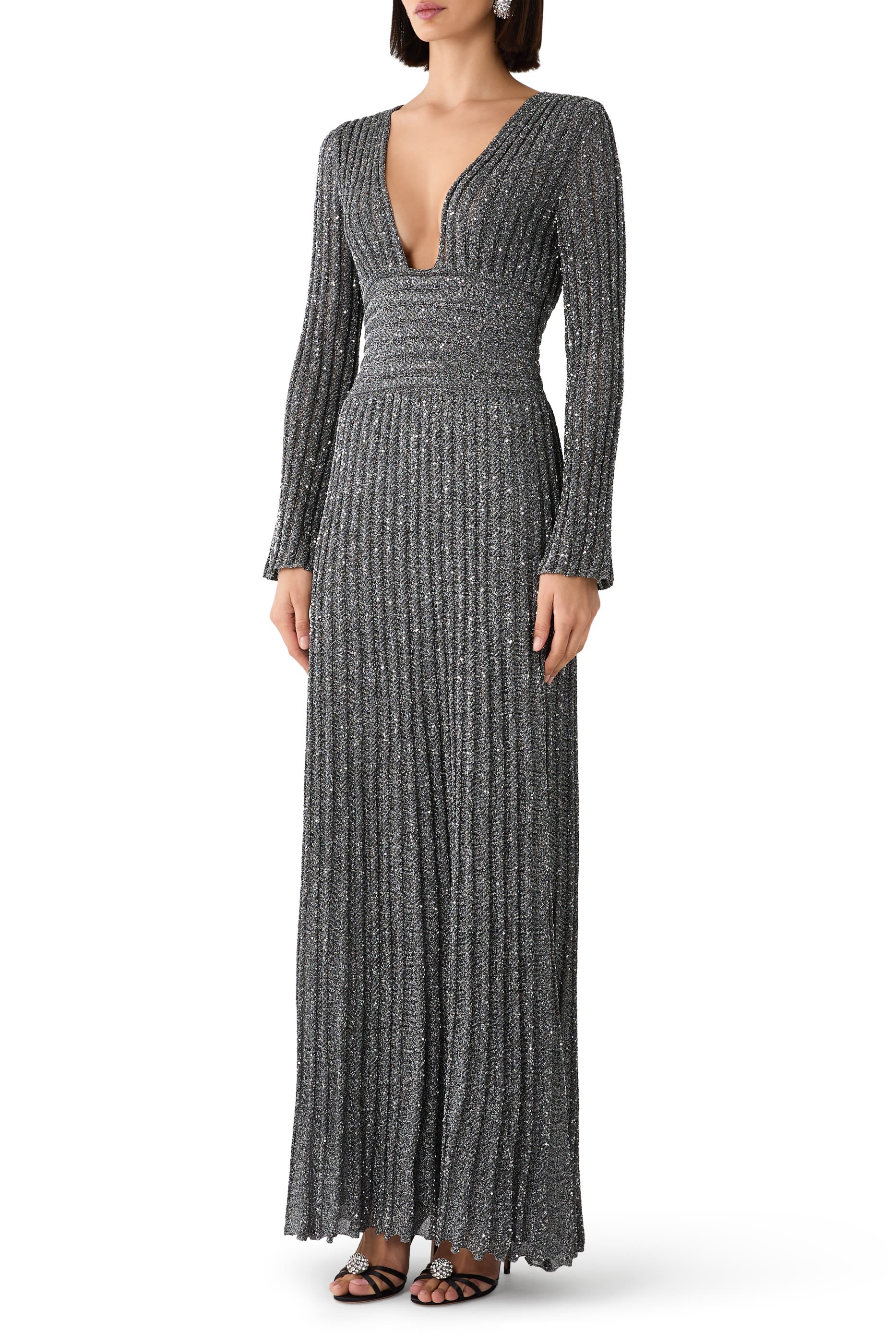  Partialized Long-Sleeve V-Neck Maxi Dress