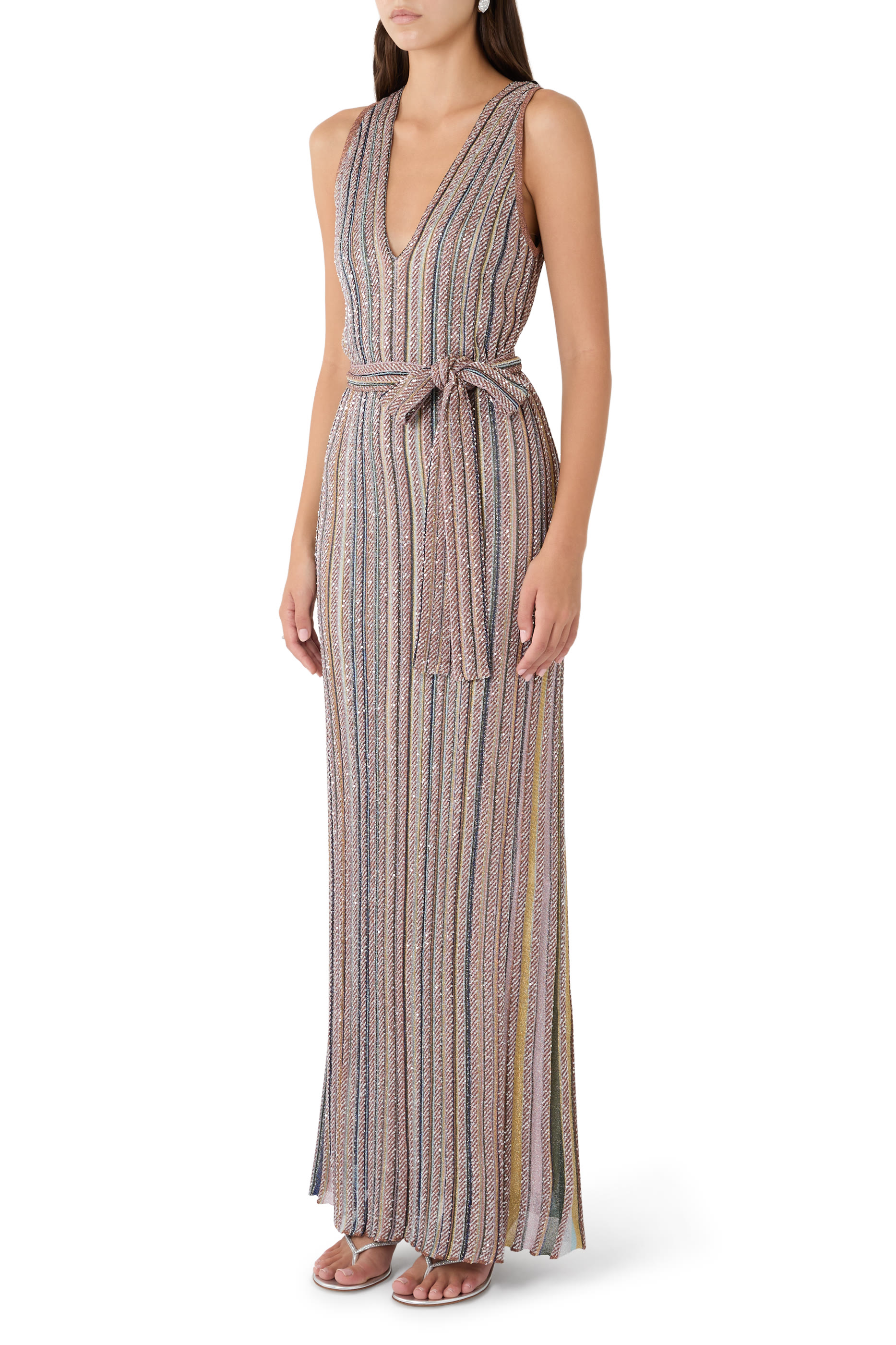 Partialized V-Neck Belted Maxi Dress