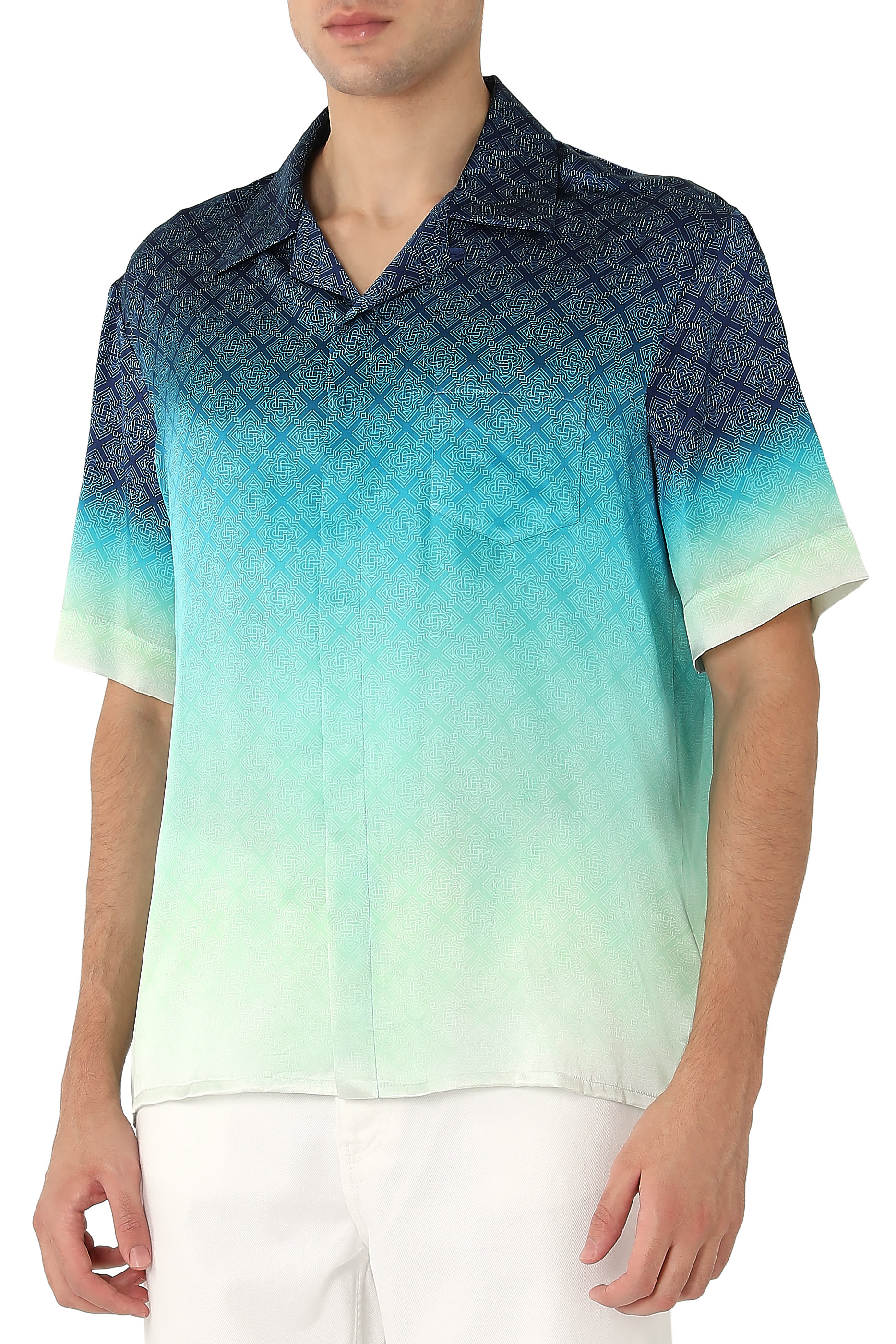Radiating Monogram Short Sleeve Silk Shirt