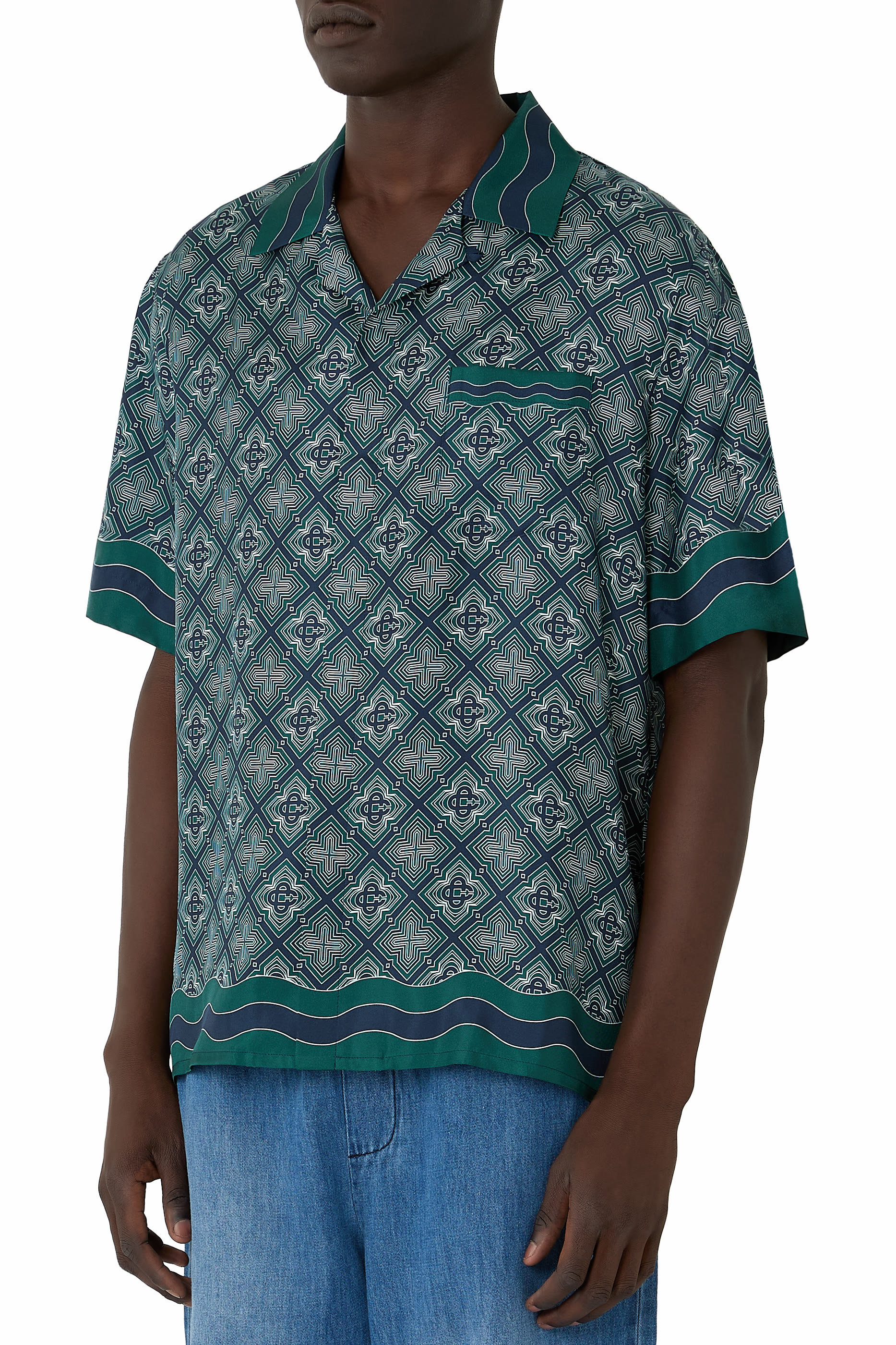 Radiating Monogram Short Sleeve Silk Shirt