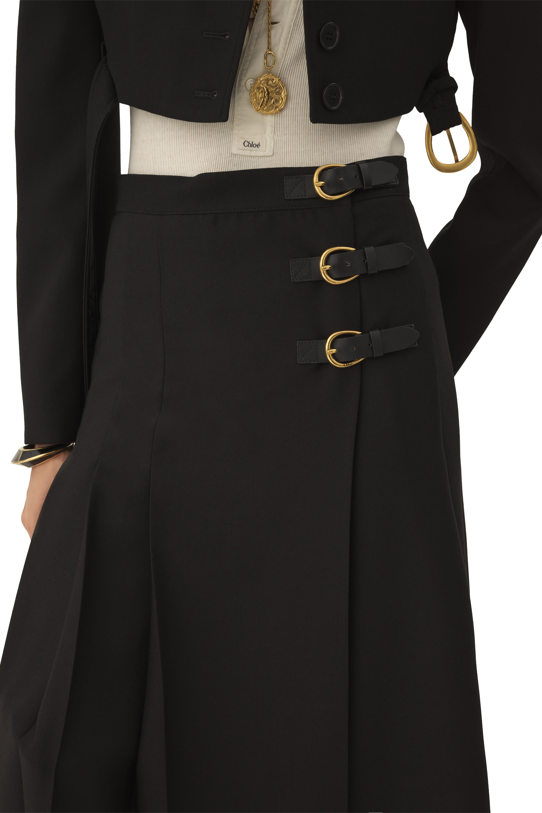 Buckled Leather Tabs Pleated Midi Skirt