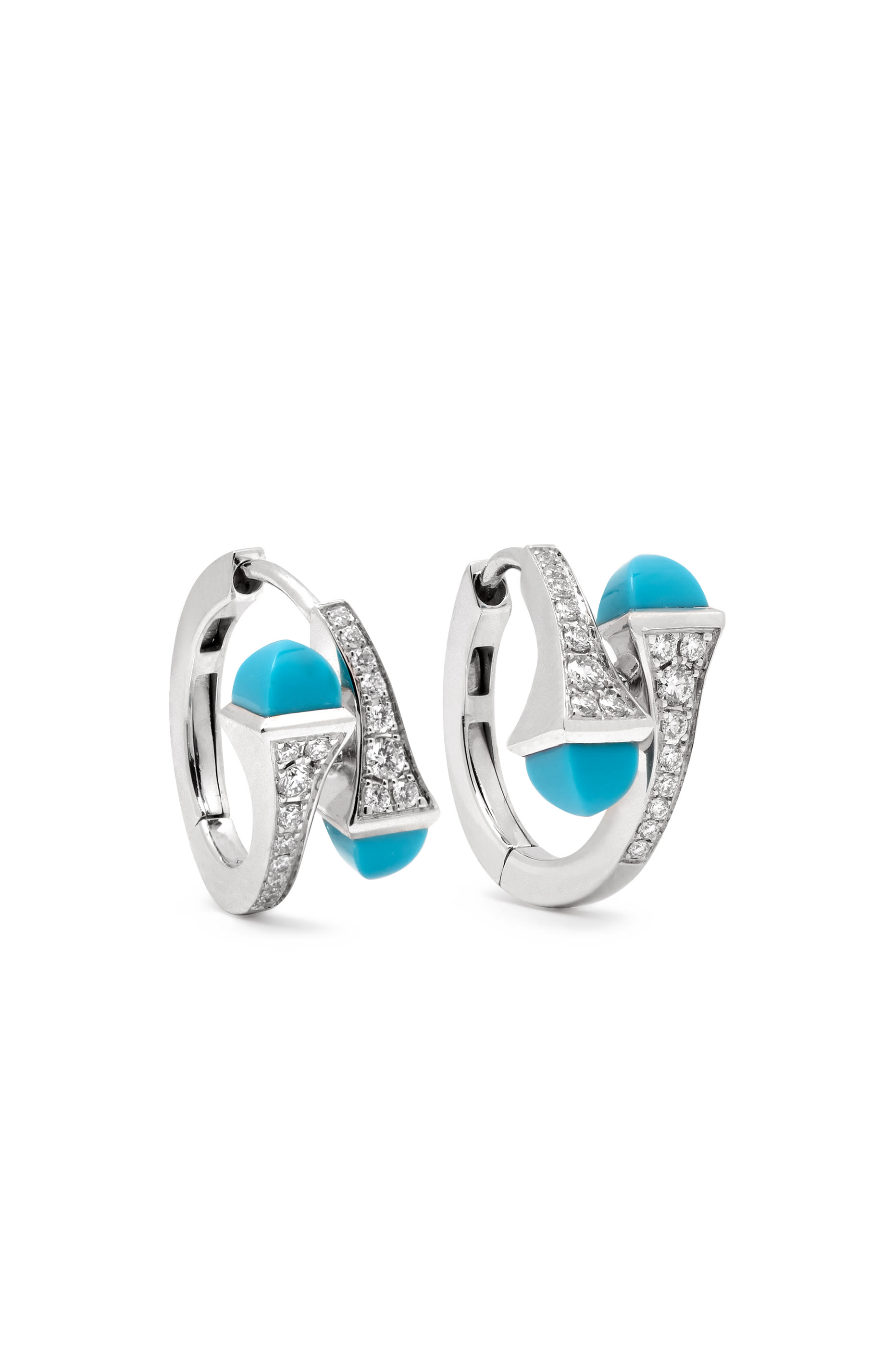 Cleo  Huggie Earrings, 18k White Gold Turquoise & Diamonds