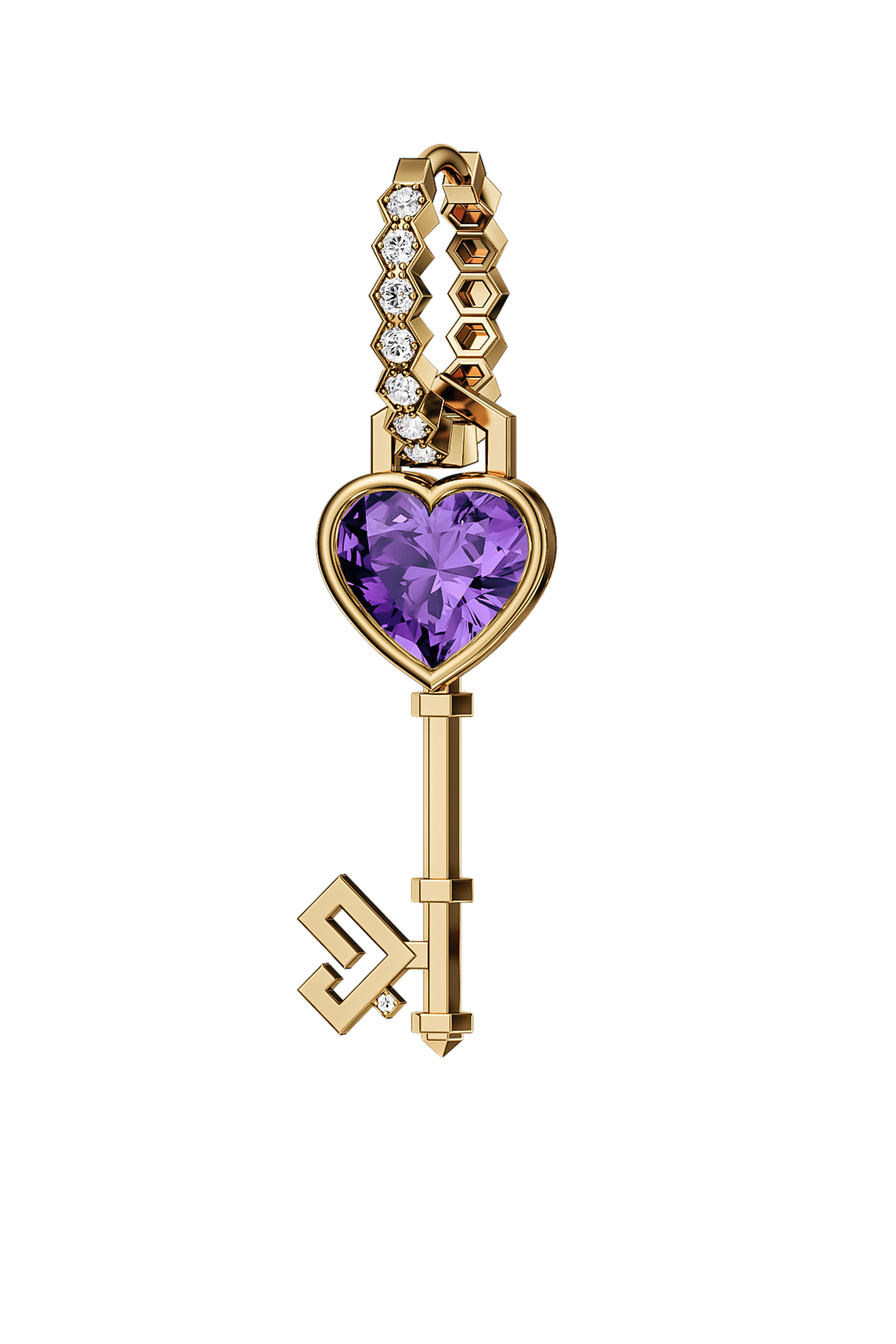 Key of Love Hoop Earring, 18k Yellow Gold with Amethyst & Diamonds