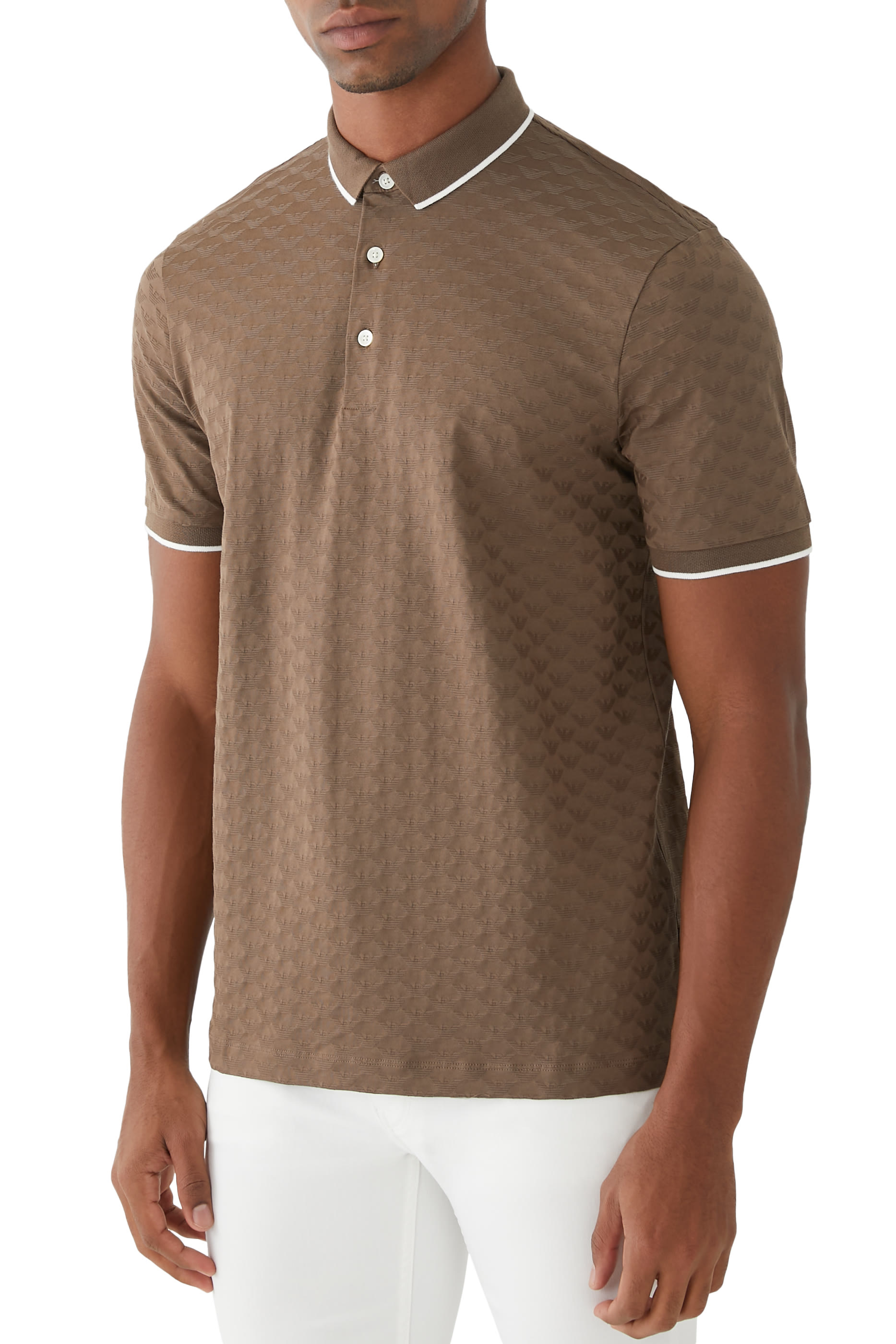 Mercerised Jersey Polo Shirt with All-Over Jacquard Eagle