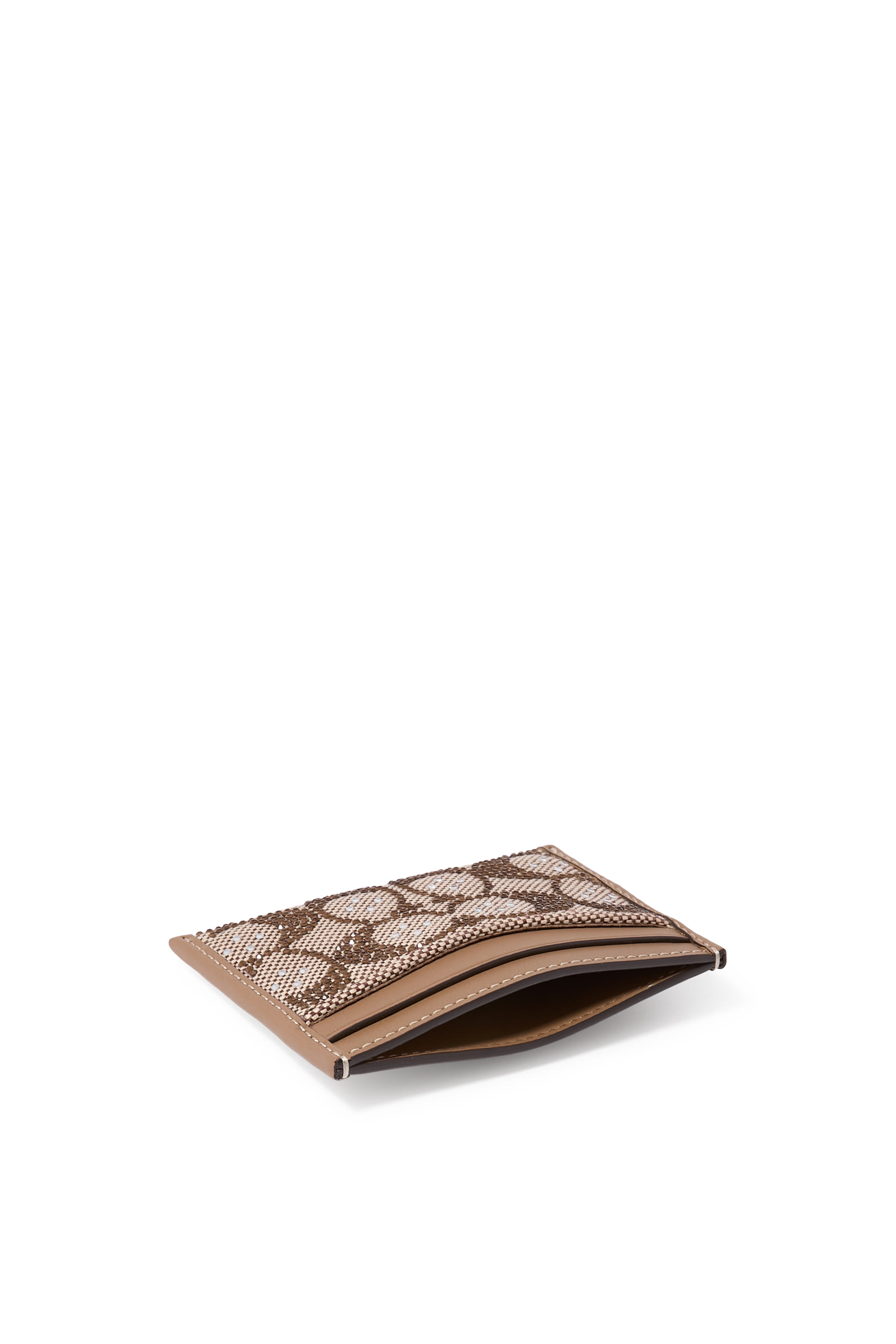 Crystal-Embellished Monogram-Print Leather Card Holder