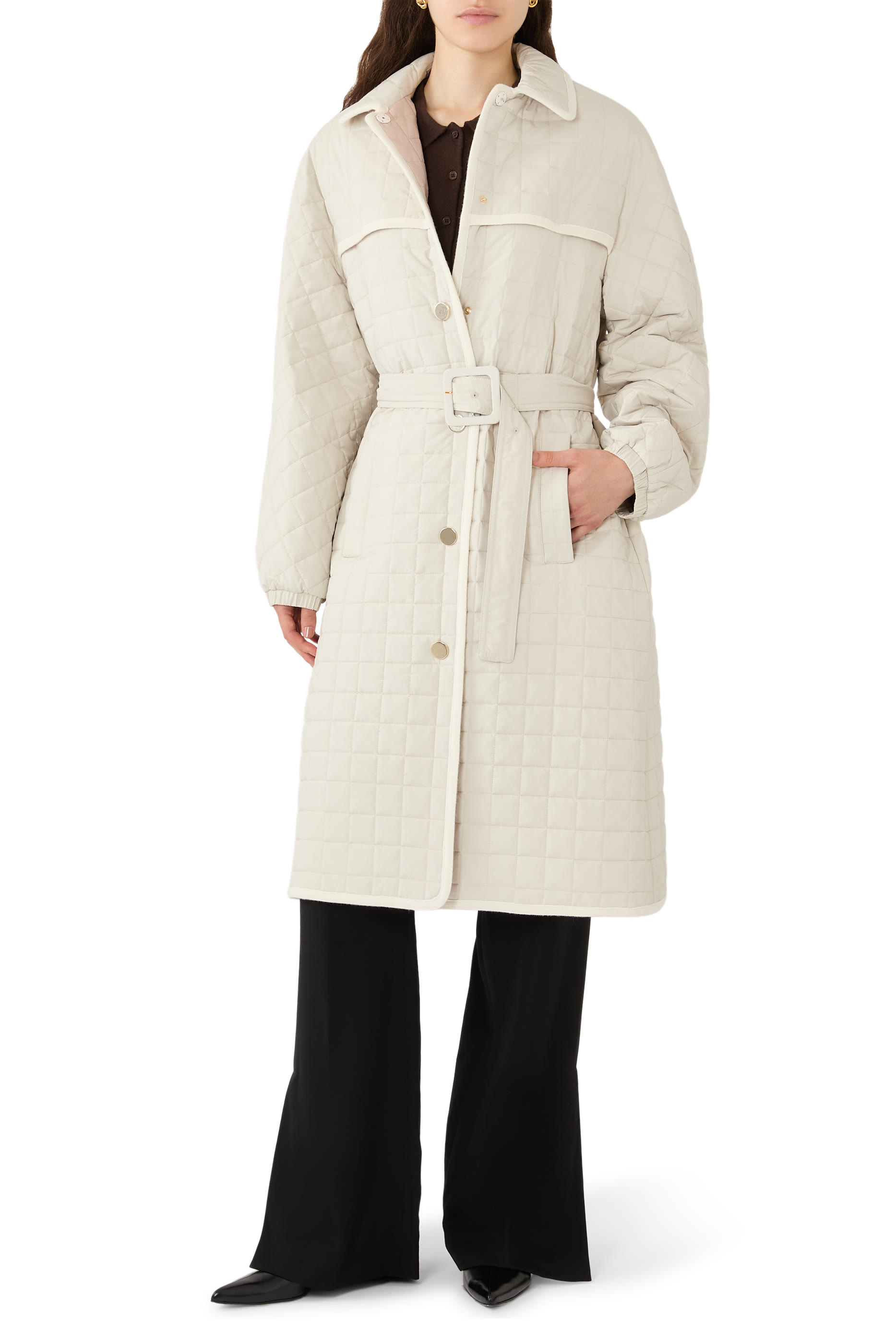  Square Quilted Long Trench with Self Belt