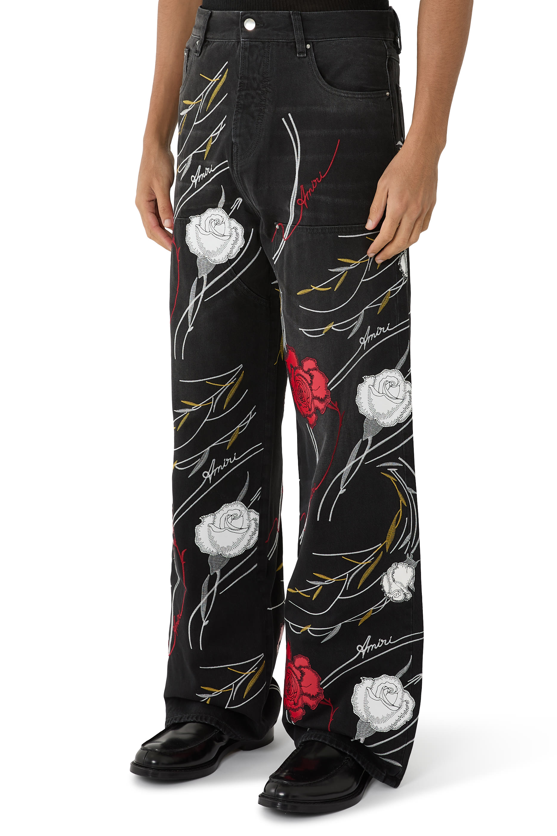 Floral-Embroidery Baggy Denim Jeans