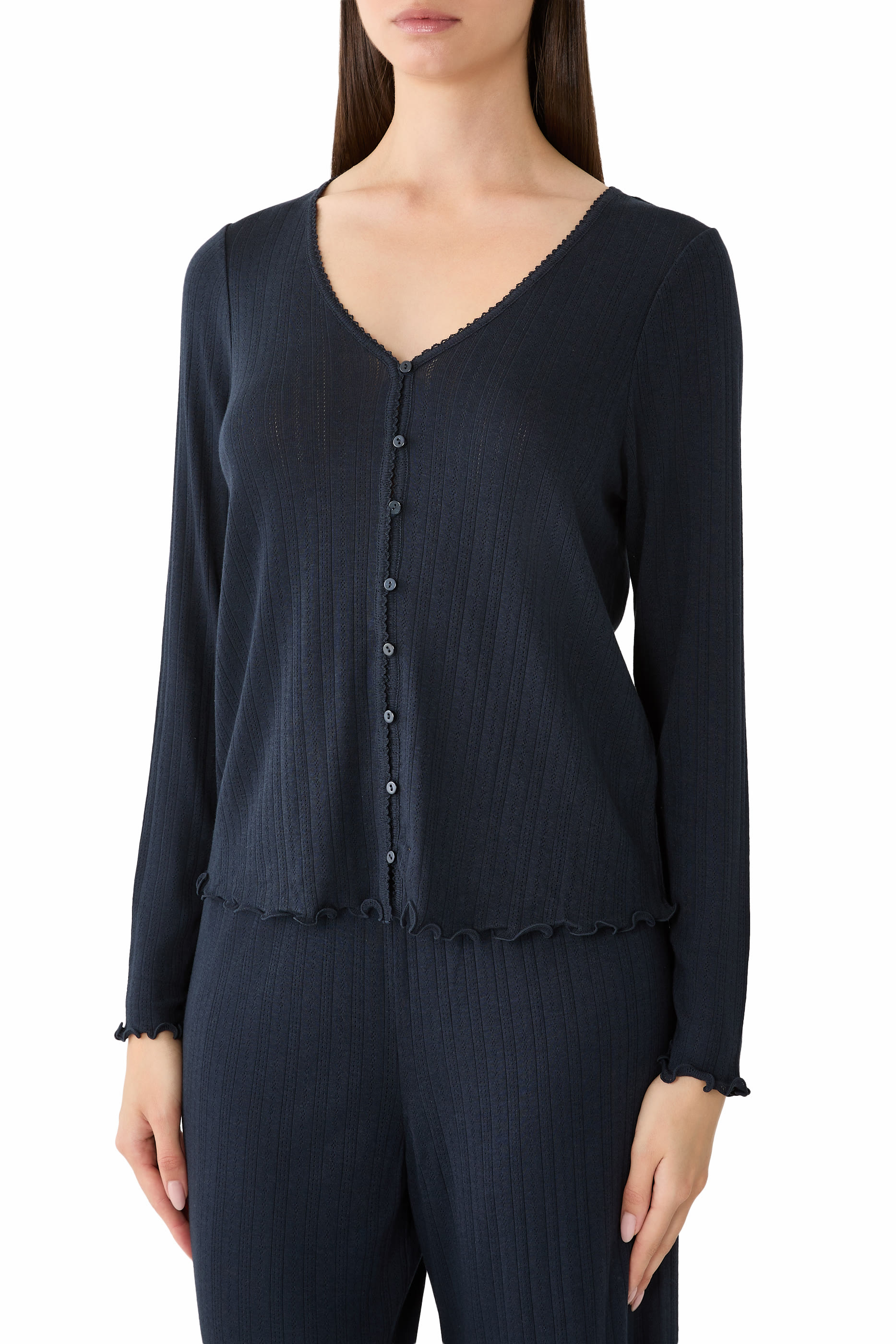 Pointelle Button Through Henley PJ Top 
