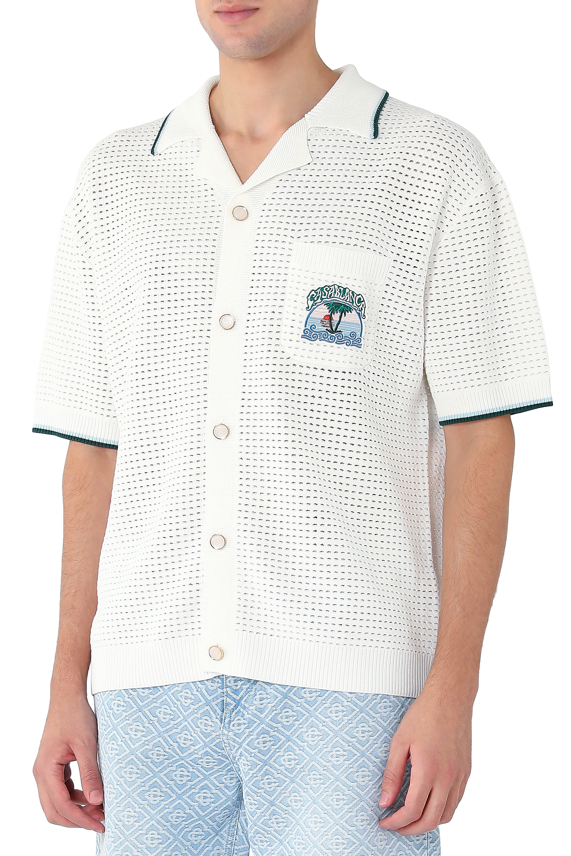  Palm Tree Emblem Crochet Short Sleeve Shirt