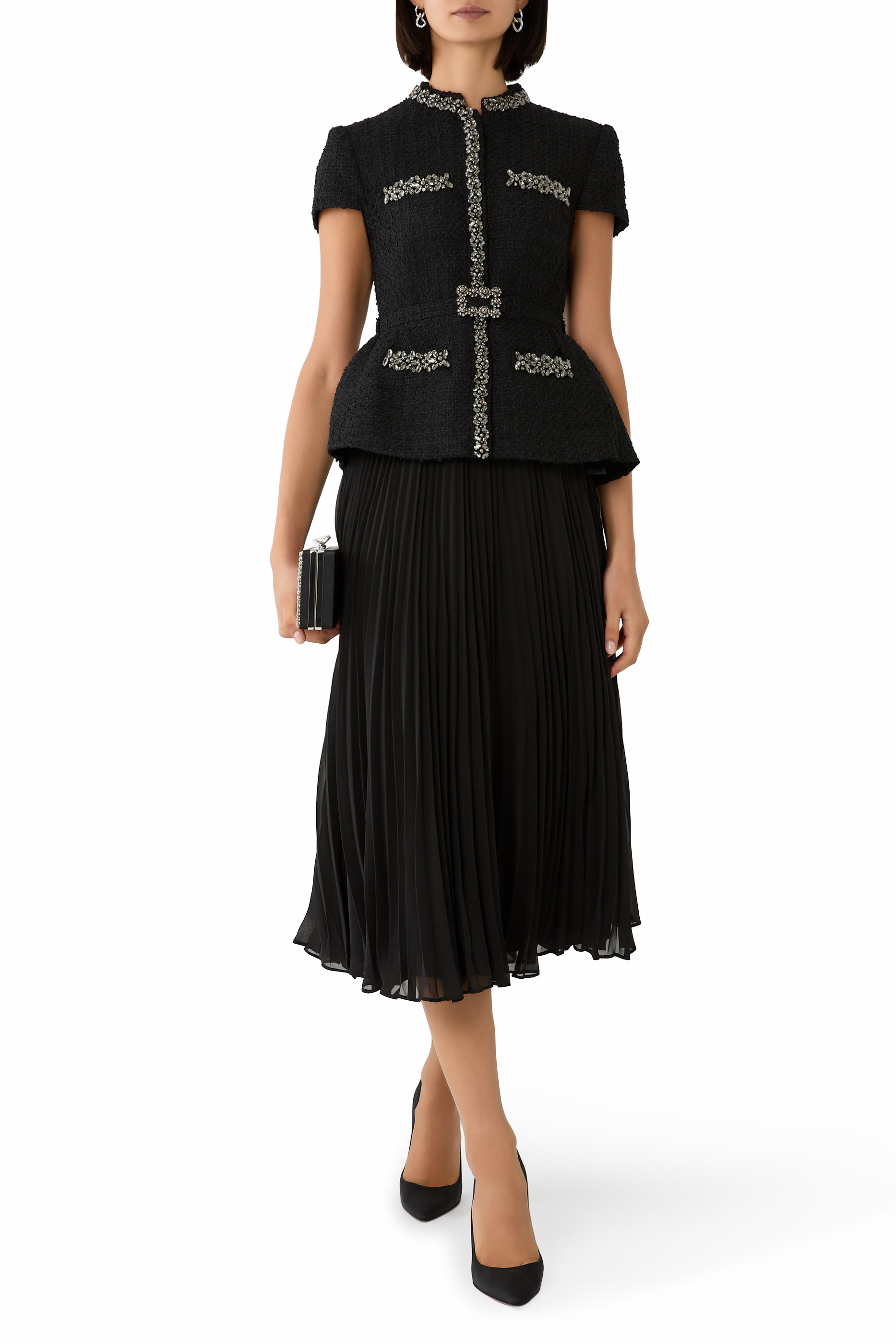 Boucle Crystal Trim Chiffon Midi Dress