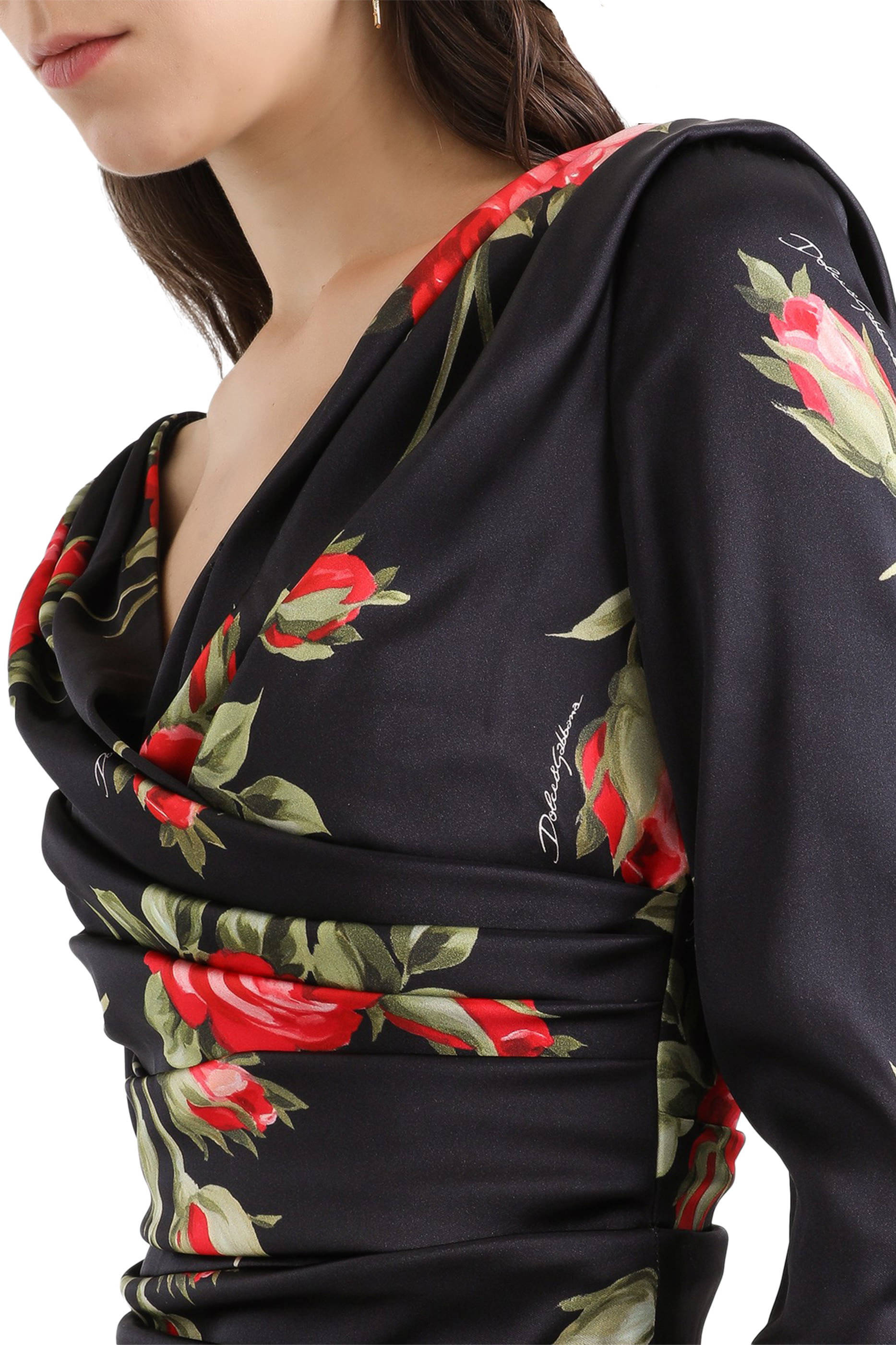 Rose Bouquet-Print Draped Satin Dress