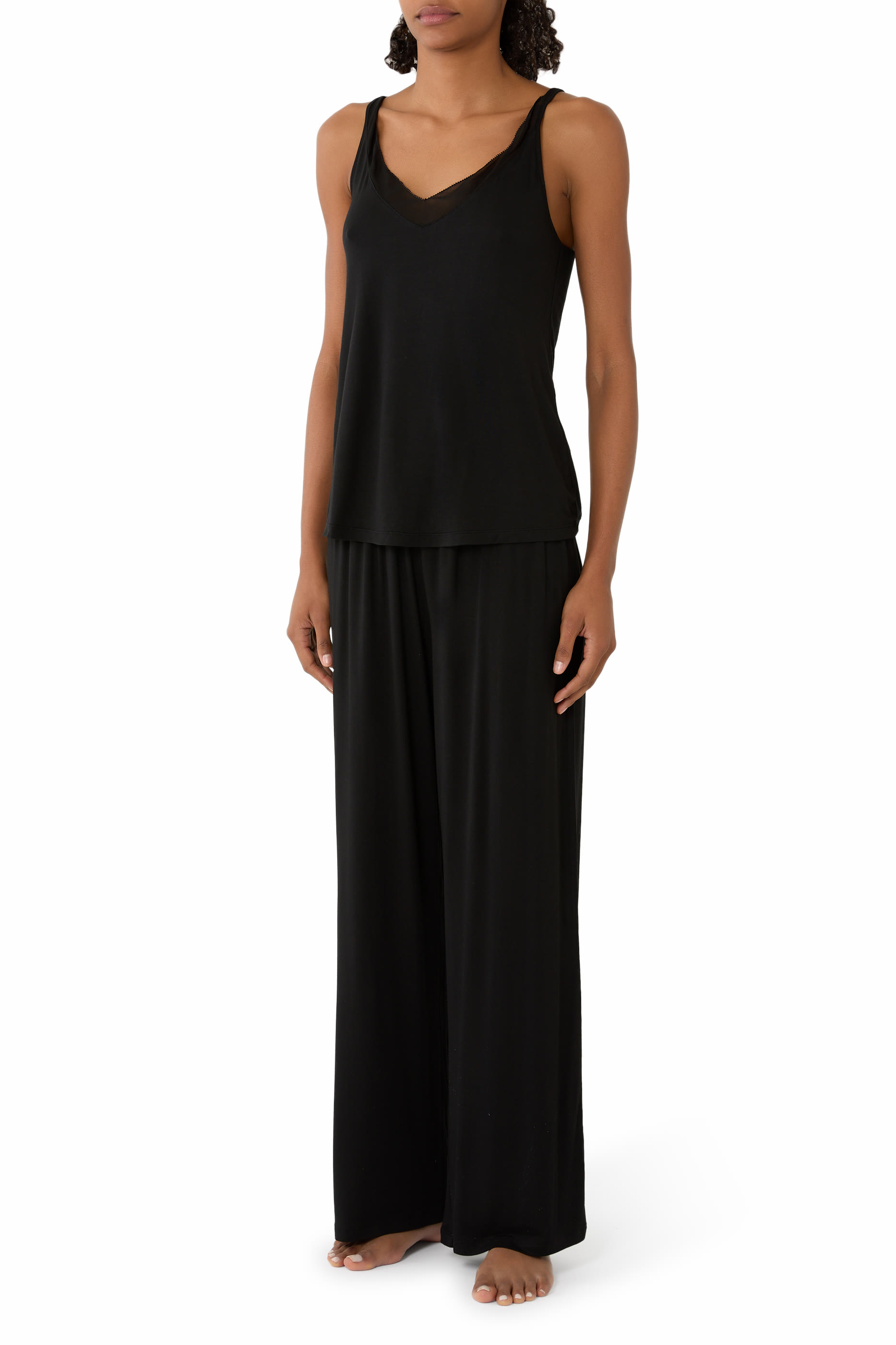  Jersey Chiffon Detail V-Neck Pajama Set 