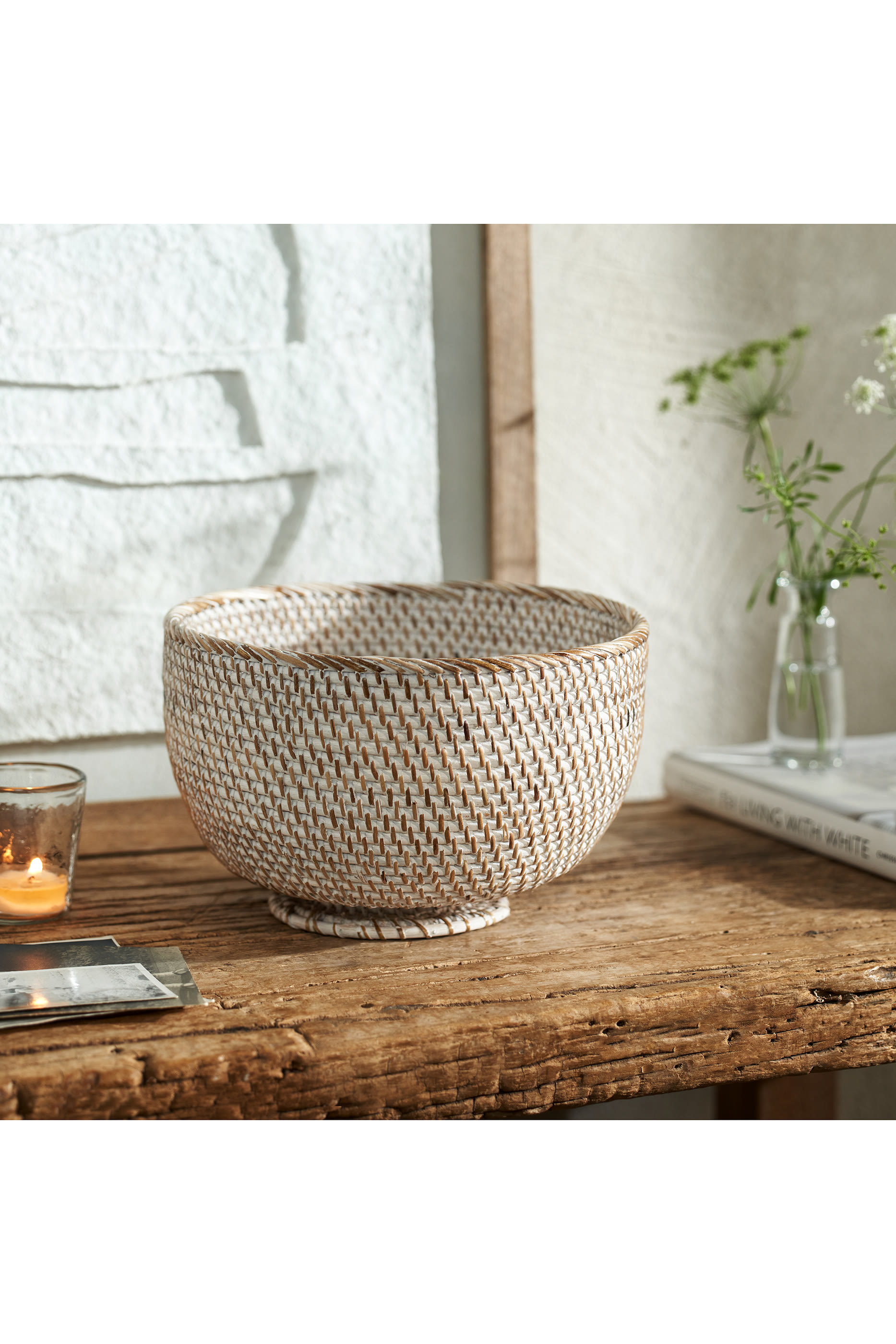 Whitewashed Rattan Deep Bowl 