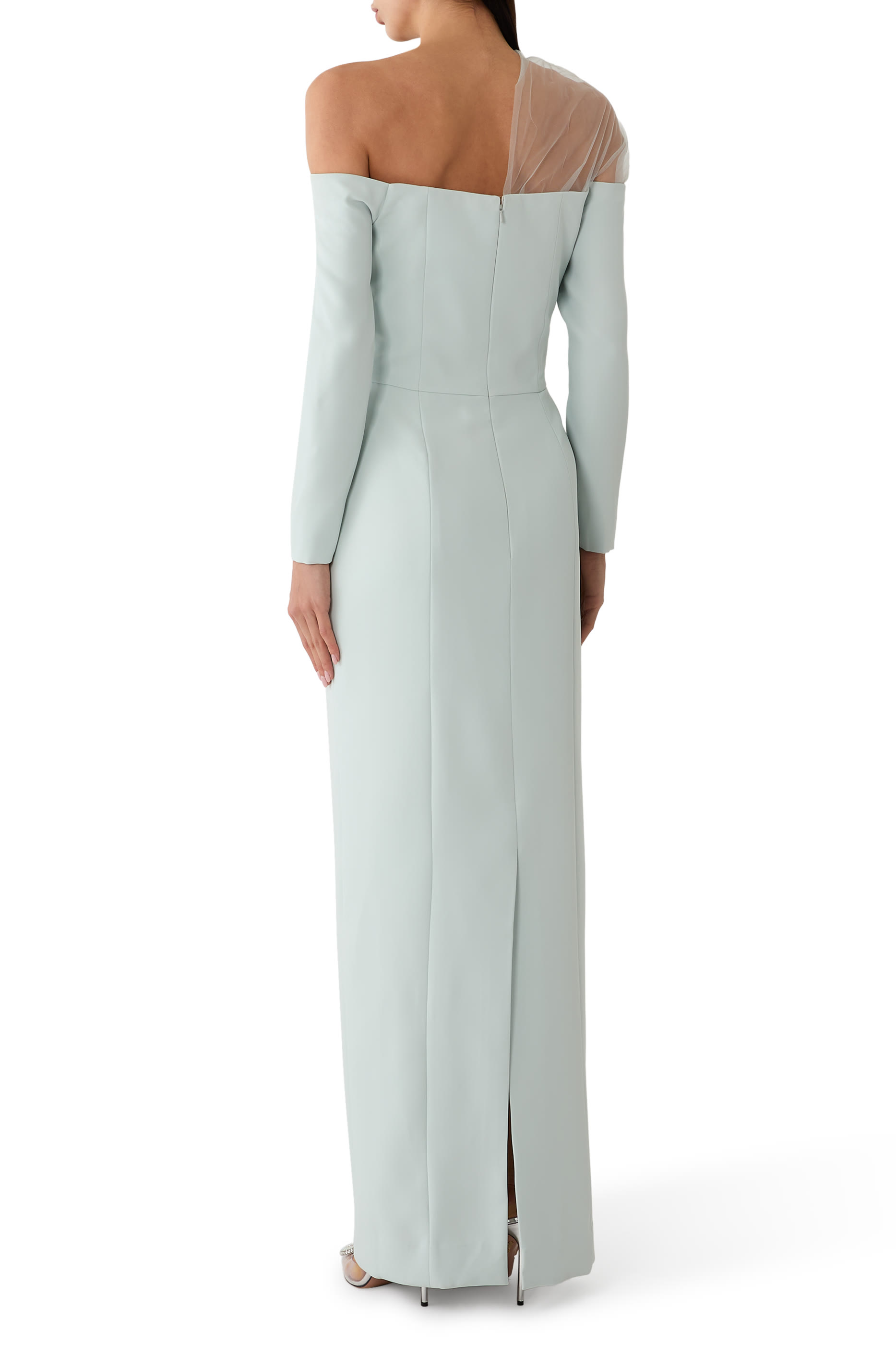 One-Shoulder Crepe Gown With Gathered Tulle