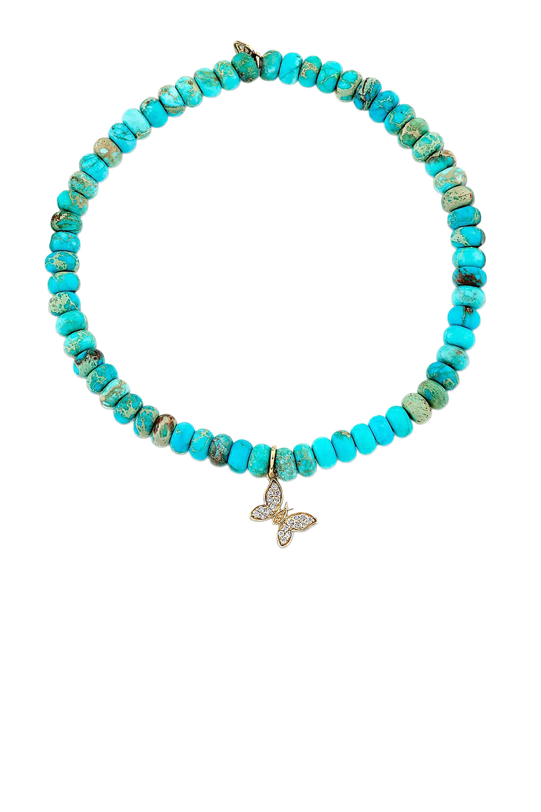 Butterfly Charm Beaded Bracelet, 14K Yellow Gold with Diamonds & Turquoise Beads