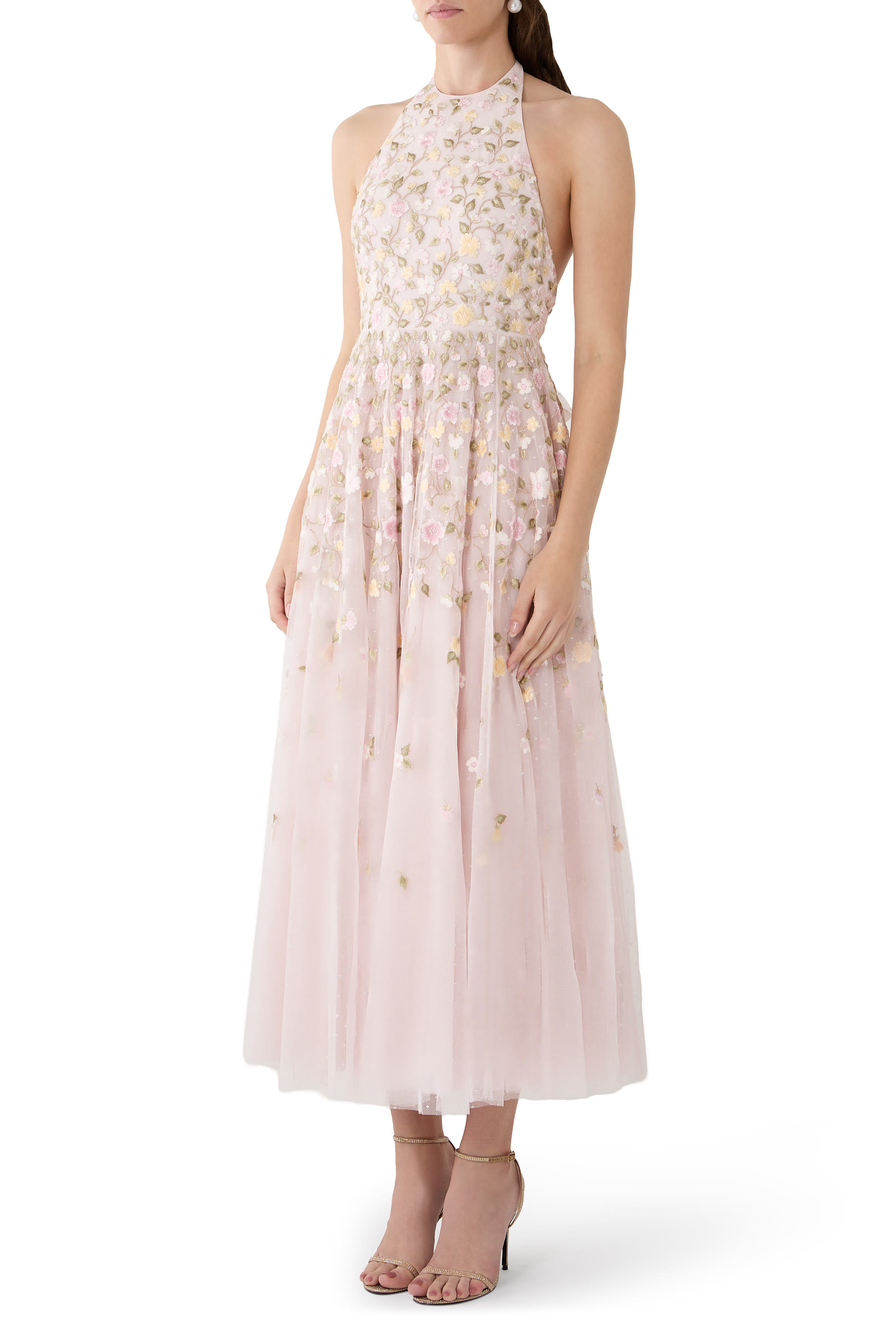 Trailing Roses Halter-Neck Ankle Gown