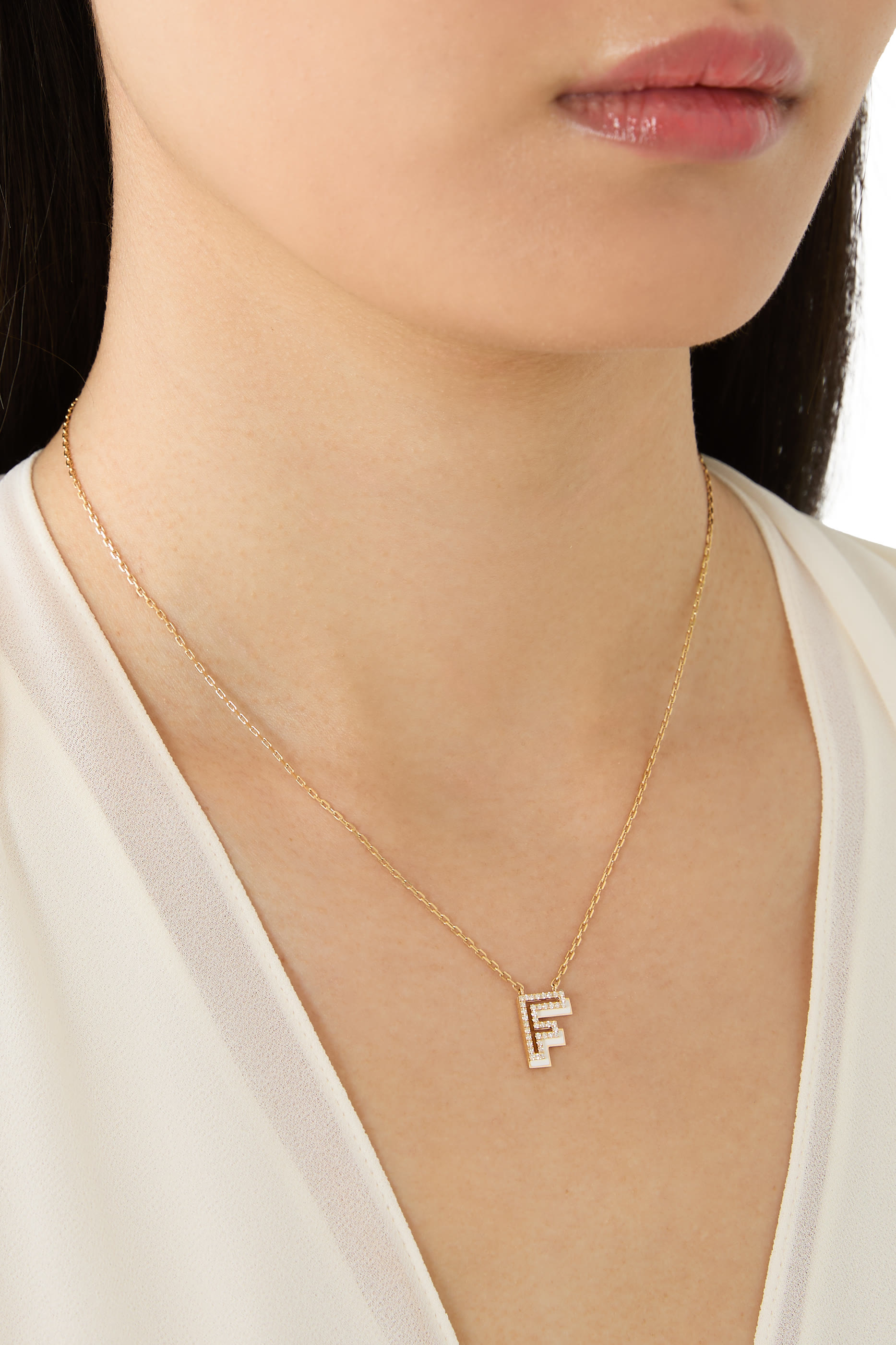Letter F Silhouette Necklace, 18k Yellow Gold with Diamonds & Enamel