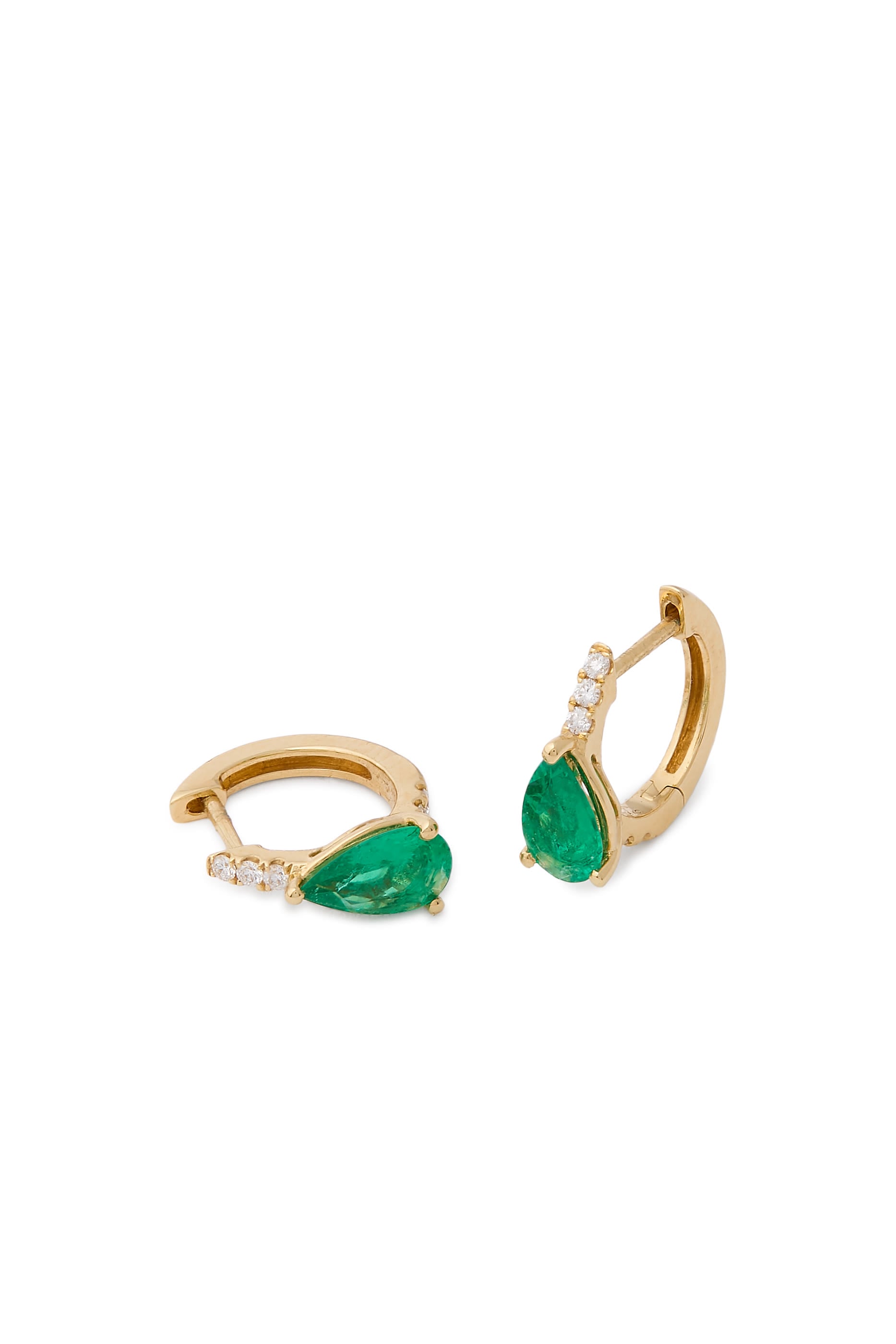 Large Pear Huggies, 18k Yellow Gold & Diamonds, Emerald