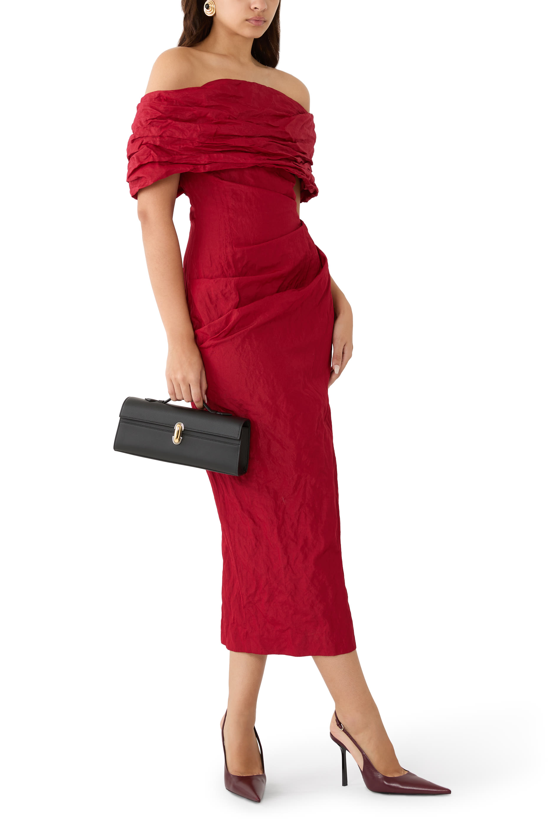 Off-Shoulder Draped Midi Dress