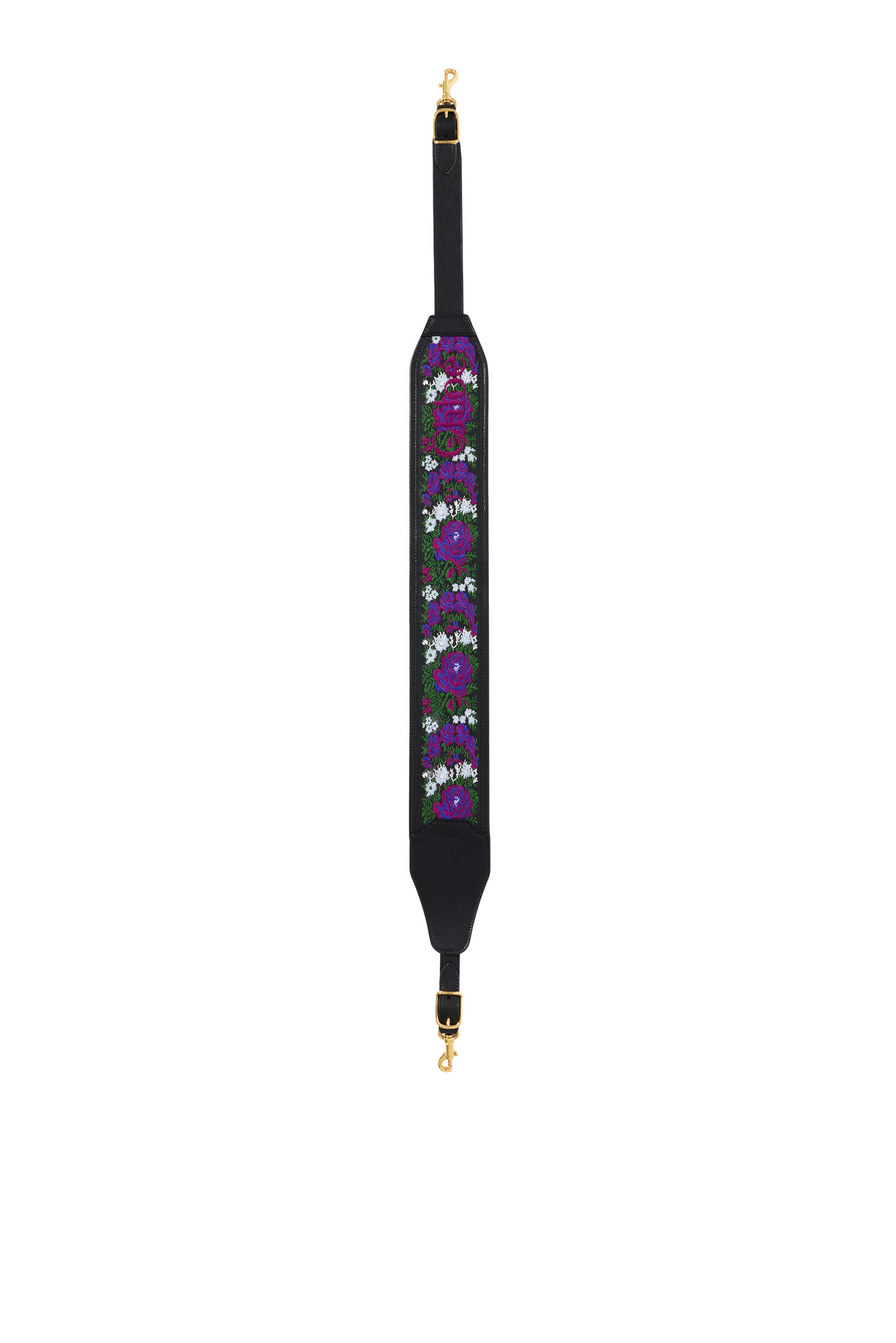 Grained Leather Strap With Rose Embroidery