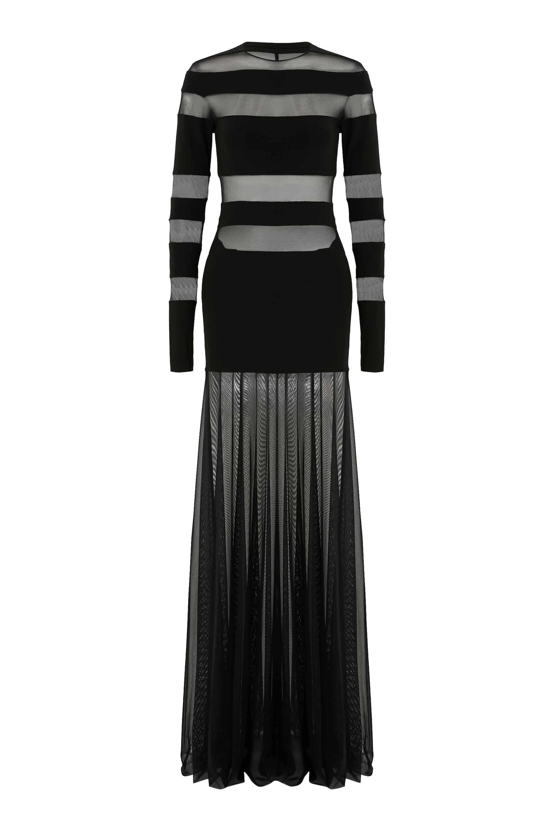  Spliced Long Sleeve Flared Gown with Mesh Skirt