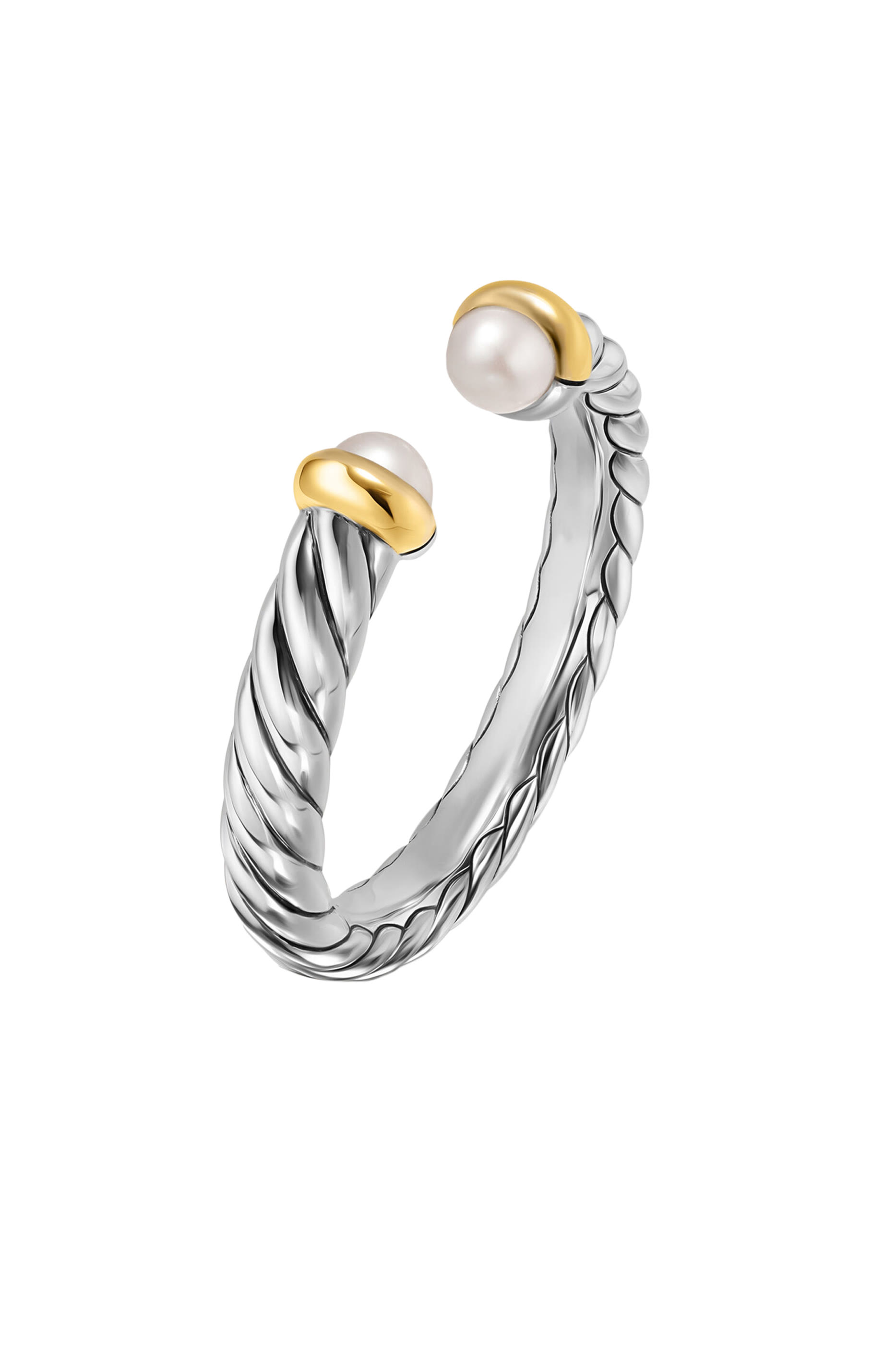 Petite Cable Open Ring, Sterling Silver with 14K Yellow Gold & Pearls
