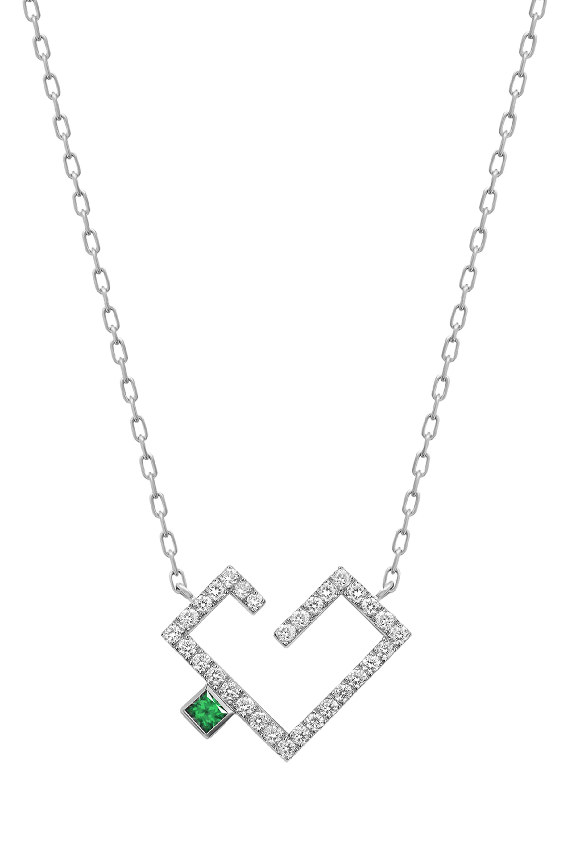 Hubb Small Necklace, 18K White Gold with Diamonds & Emerald