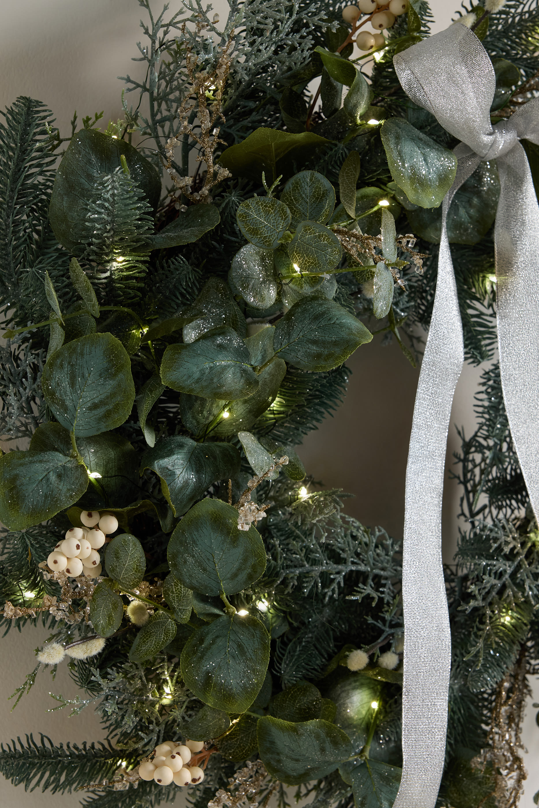 Pre-Lit Frosted Eucalyptus Wreath