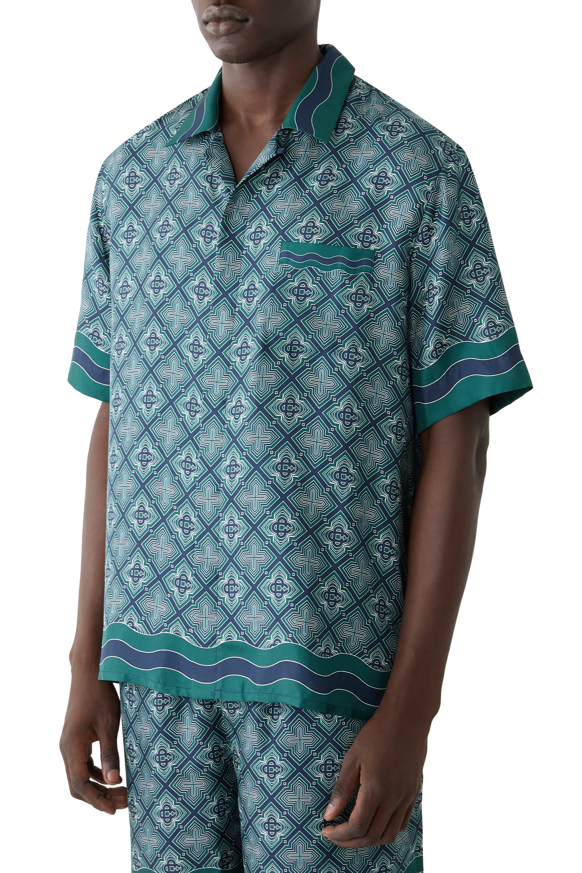 Radiating Monogram Short Sleeve Silk Shirt