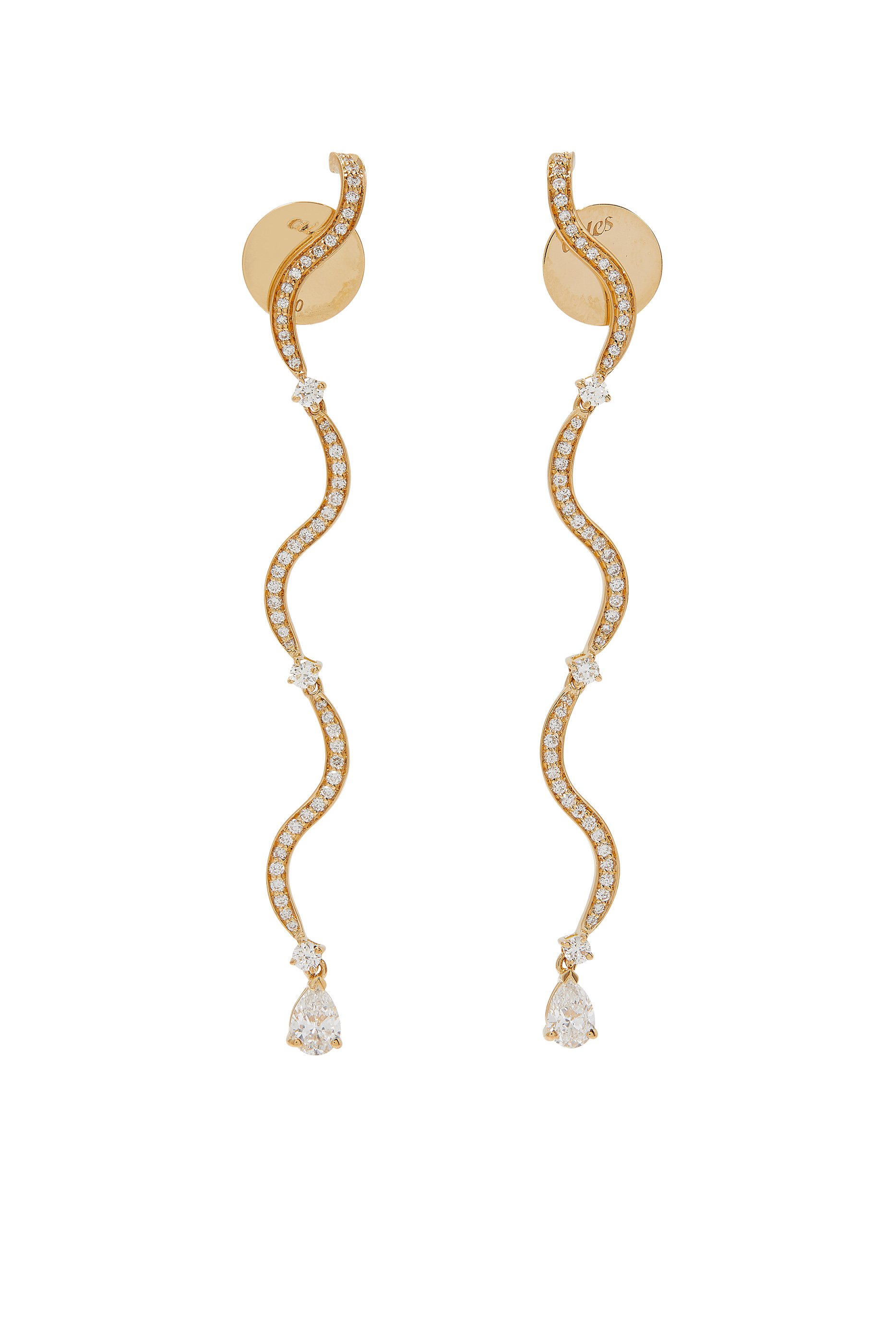 Long Wave Drop Earrings, 18k Yellow Gold & Diamonds